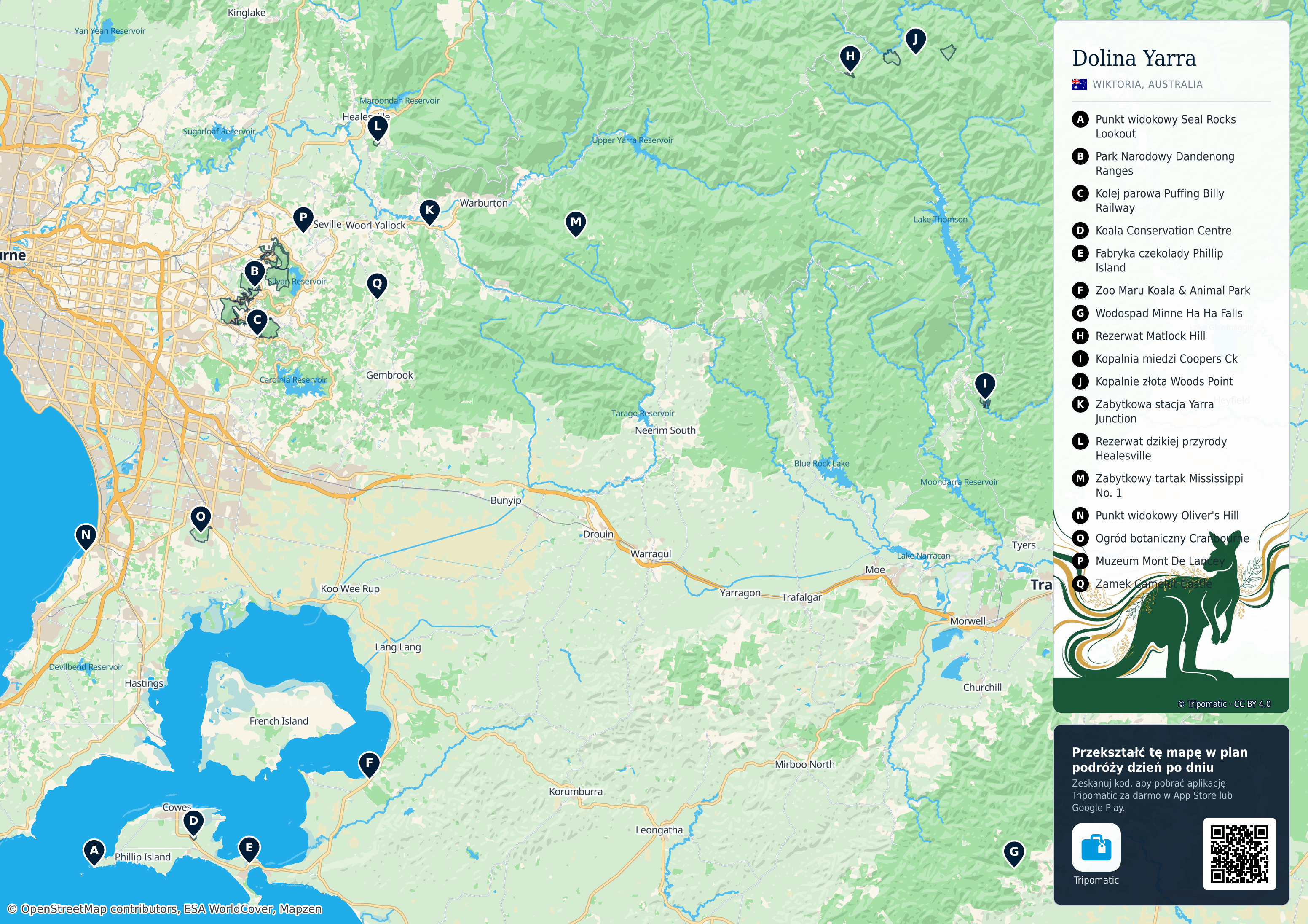 Dolina Yarra – turystyczna mapa do druku z ponumerowanymi atrakcjami