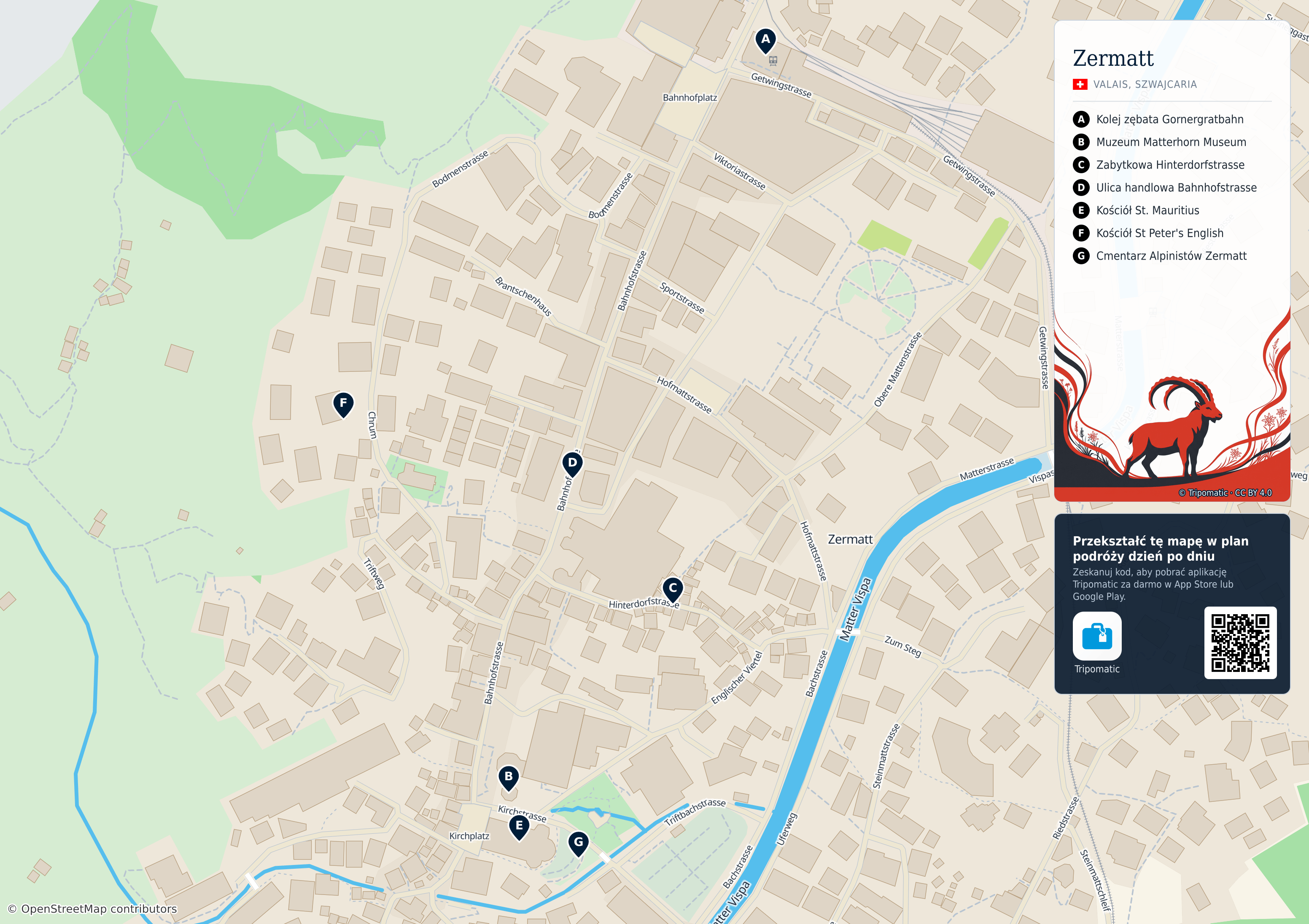 Zermatt – turystyczna mapa do druku z ponumerowanymi atrakcjami