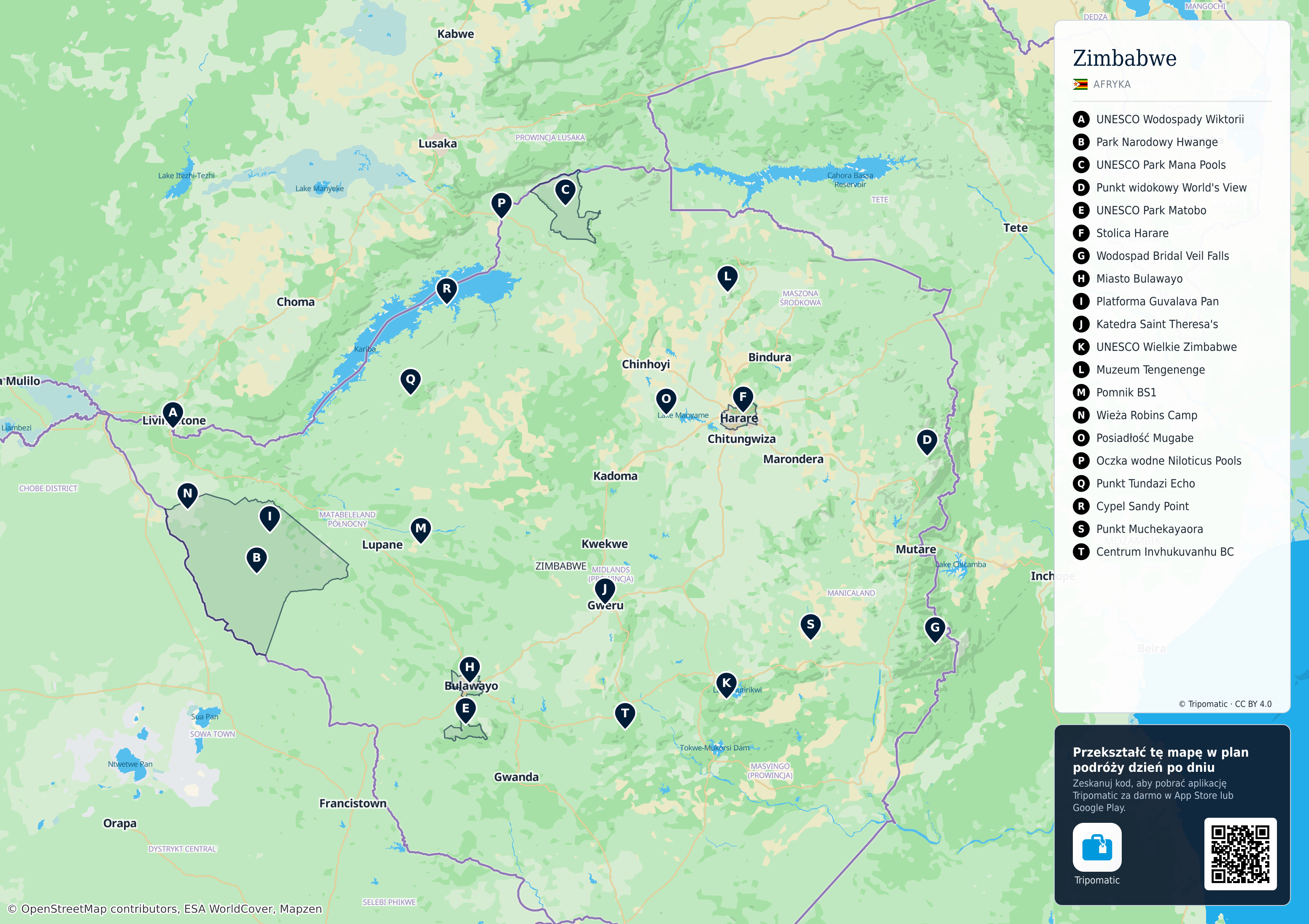 Zimbabwe – turystyczna mapa do druku z ponumerowanymi atrakcjami