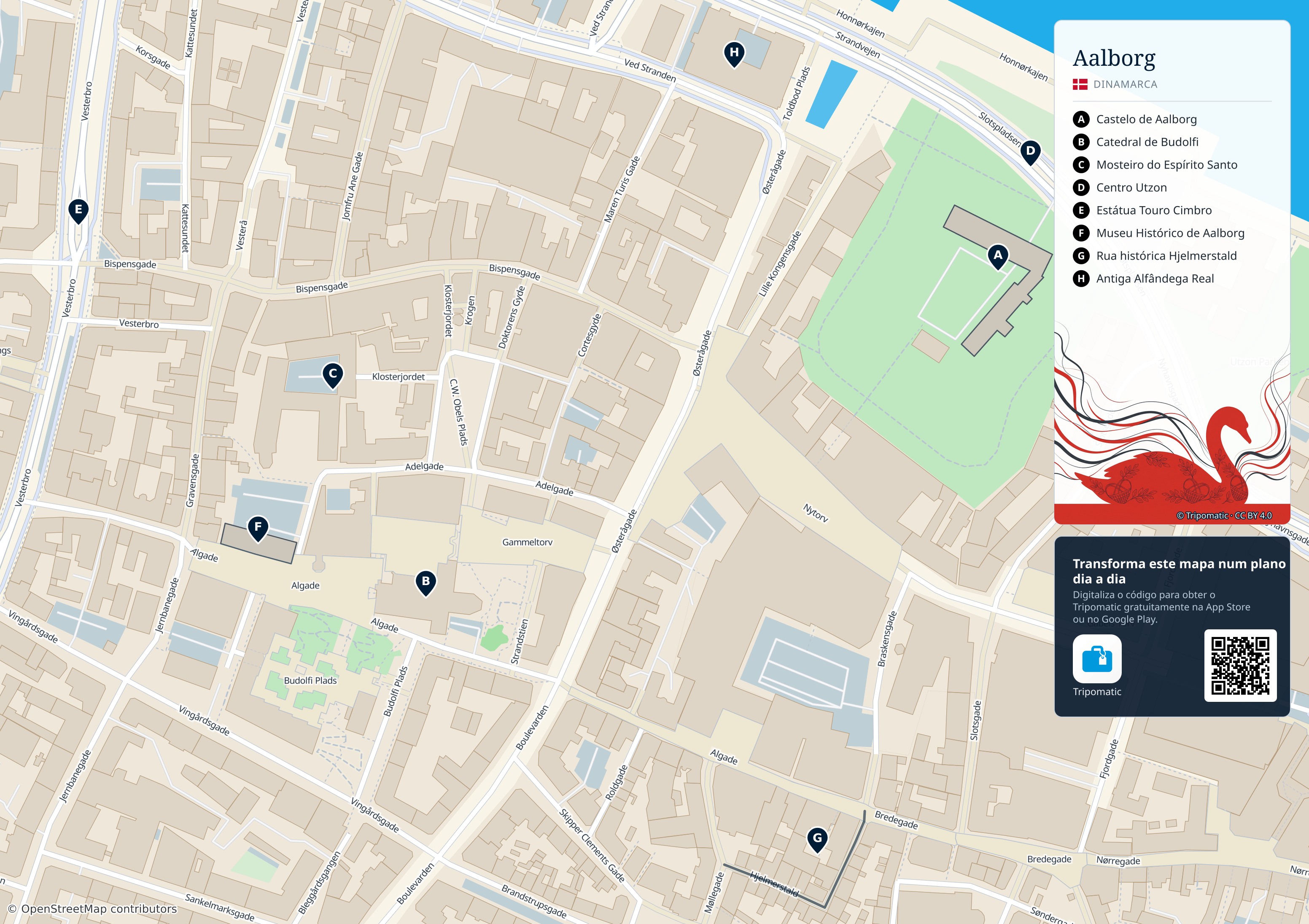 Aalborg – mapa turístico para imprimir com as principais atrações numeradas