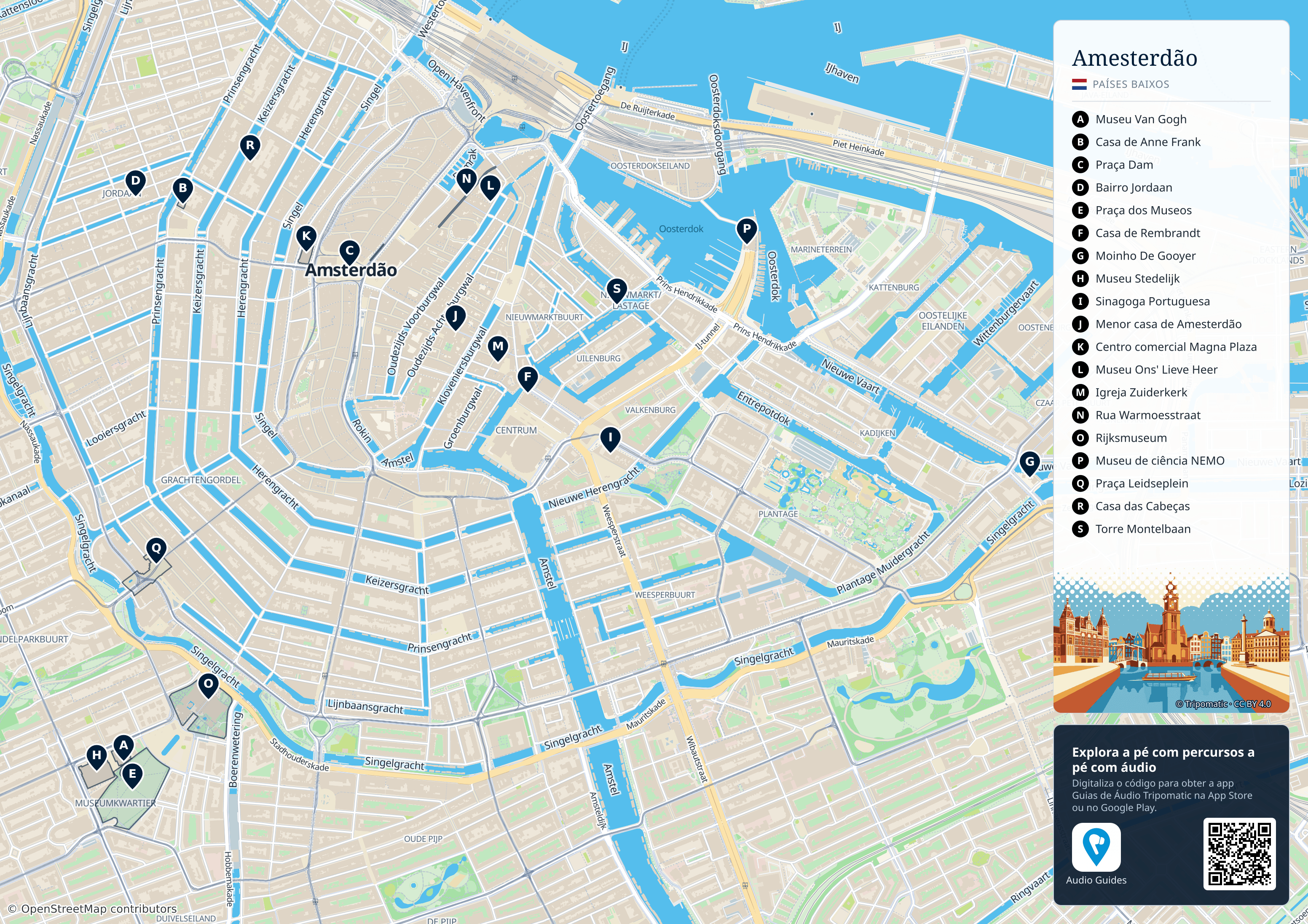 Amesterdão – mapa turístico para imprimir com as principais atrações numeradas