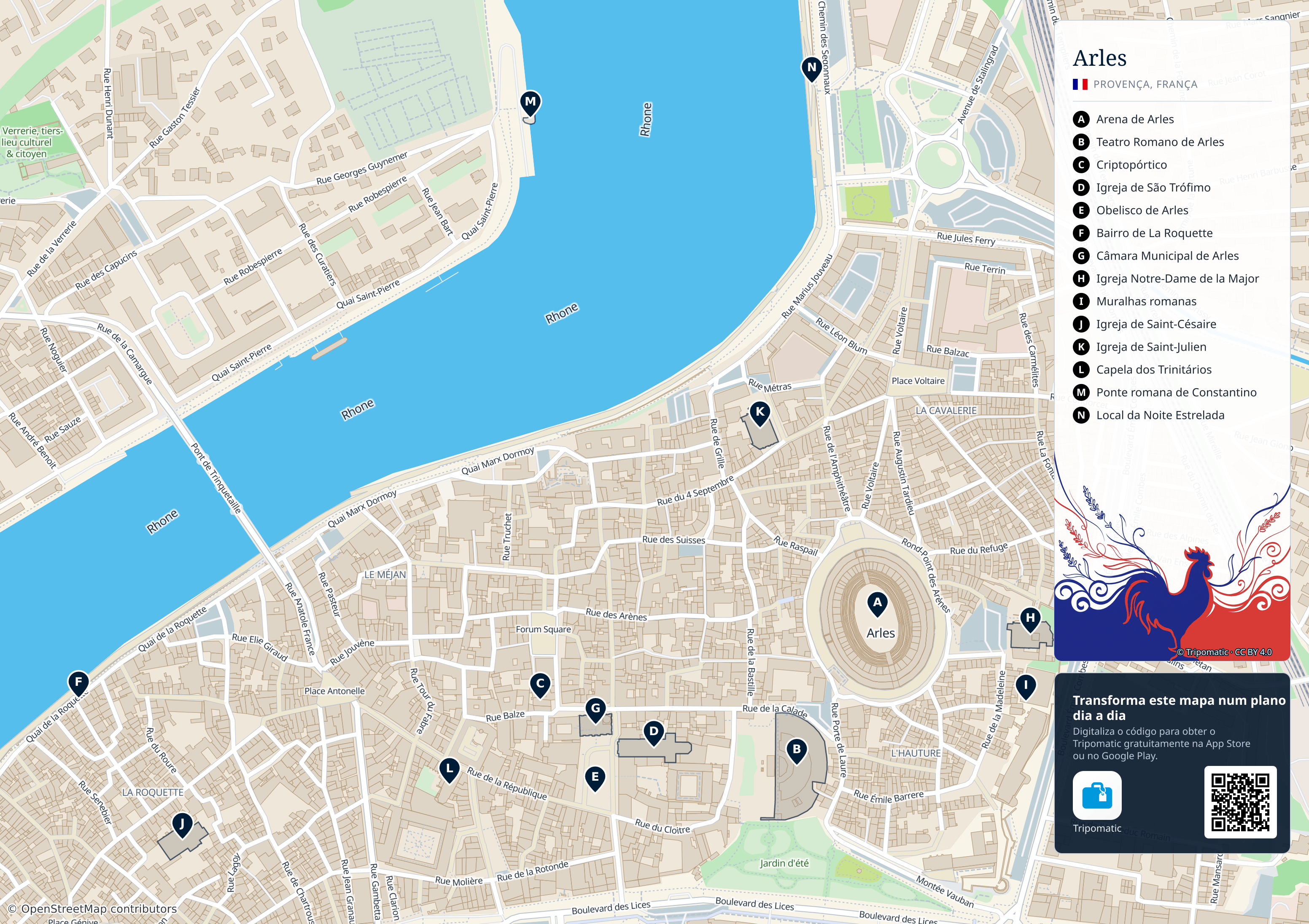 Arles – mapa turístico para imprimir com as principais atrações numeradas