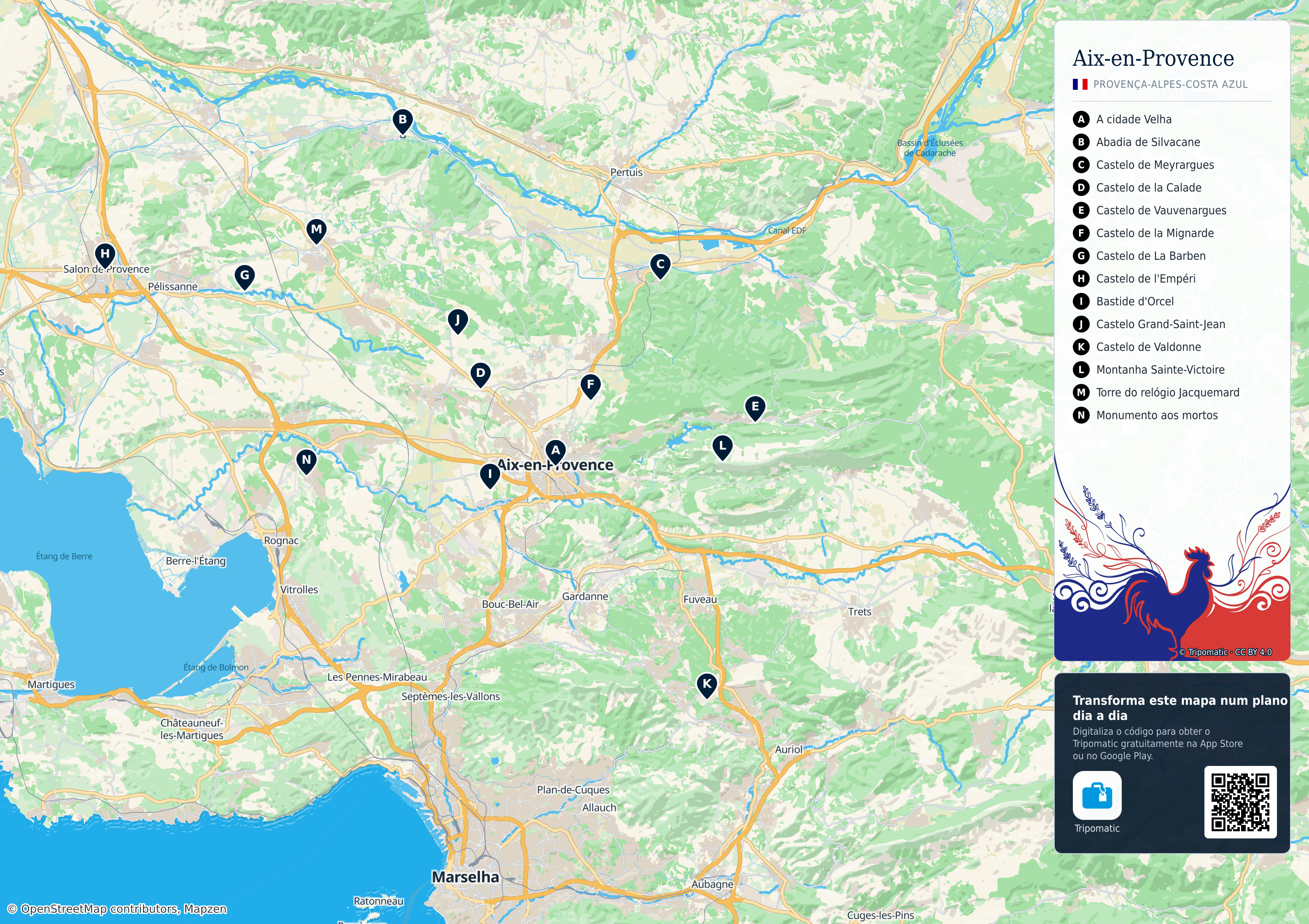 arrondissement de Aix-en-Provence – mapa turístico para imprimir com as principais atrações numeradas