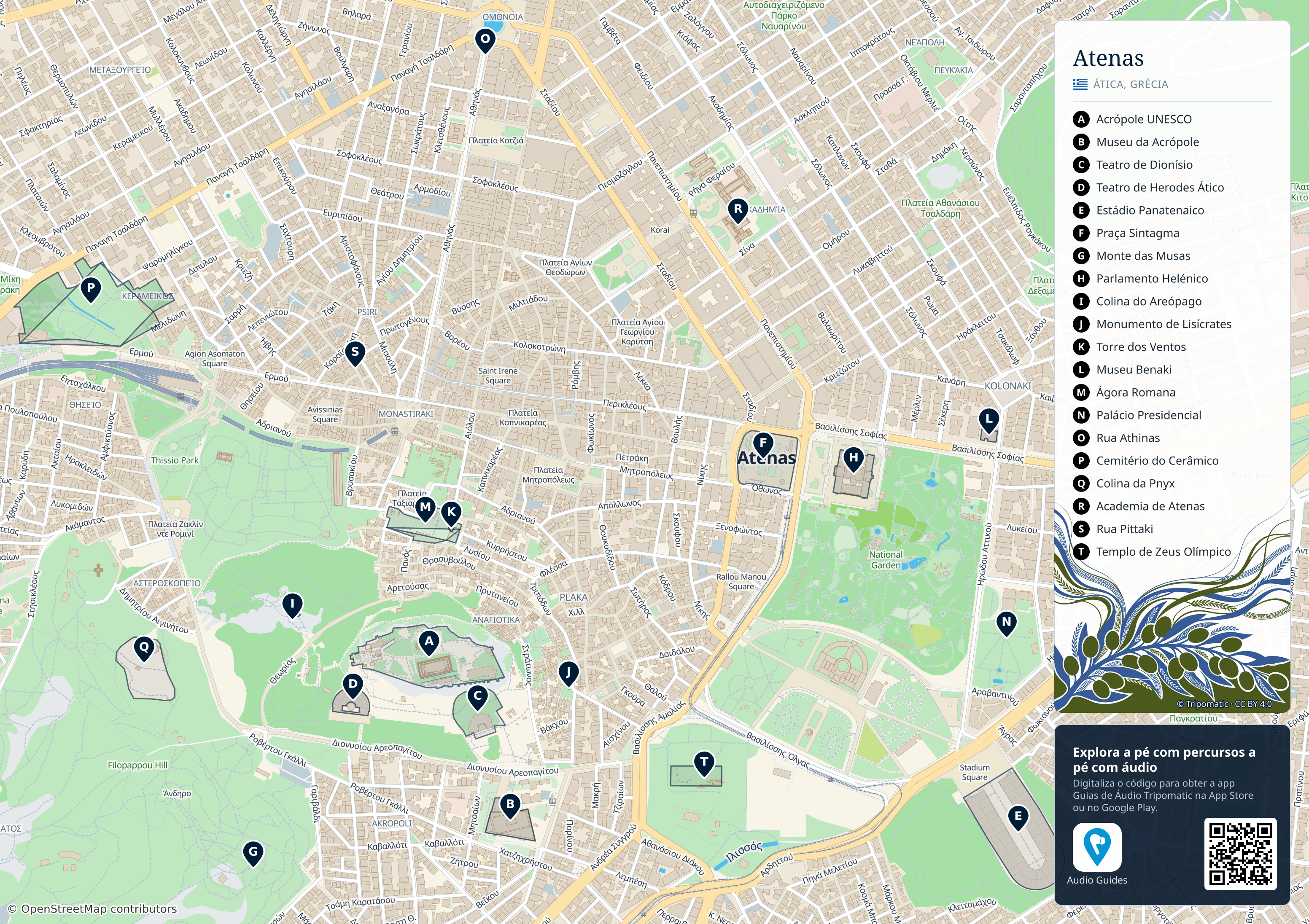 Atenas – mapa turístico para imprimir com as principais atrações numeradas