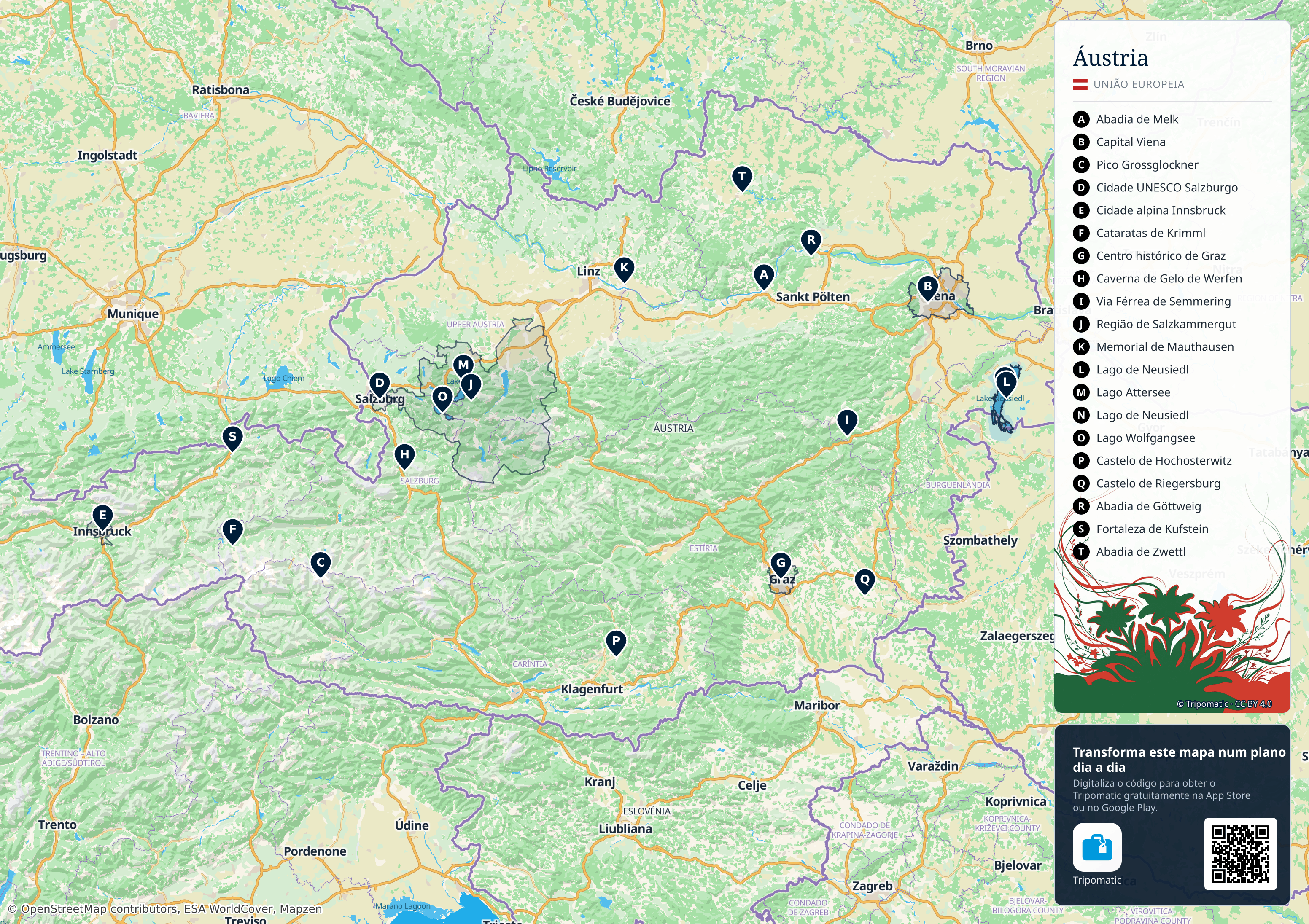 Áustria – mapa turístico para imprimir com as principais atrações numeradas