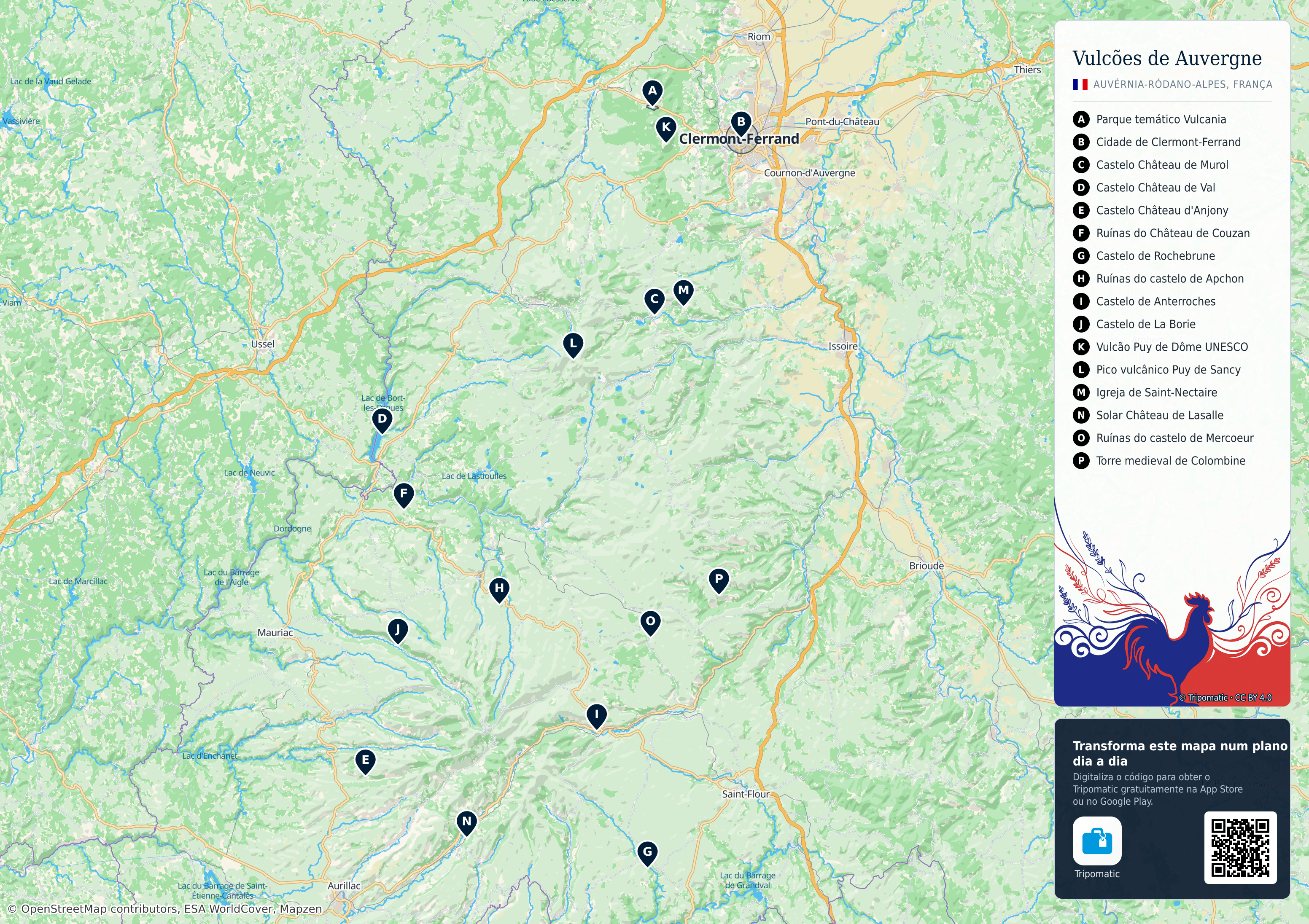 Parque Natural Regional dos Vulcões de Auvergne – mapa turístico para imprimir com as principais atrações numeradas