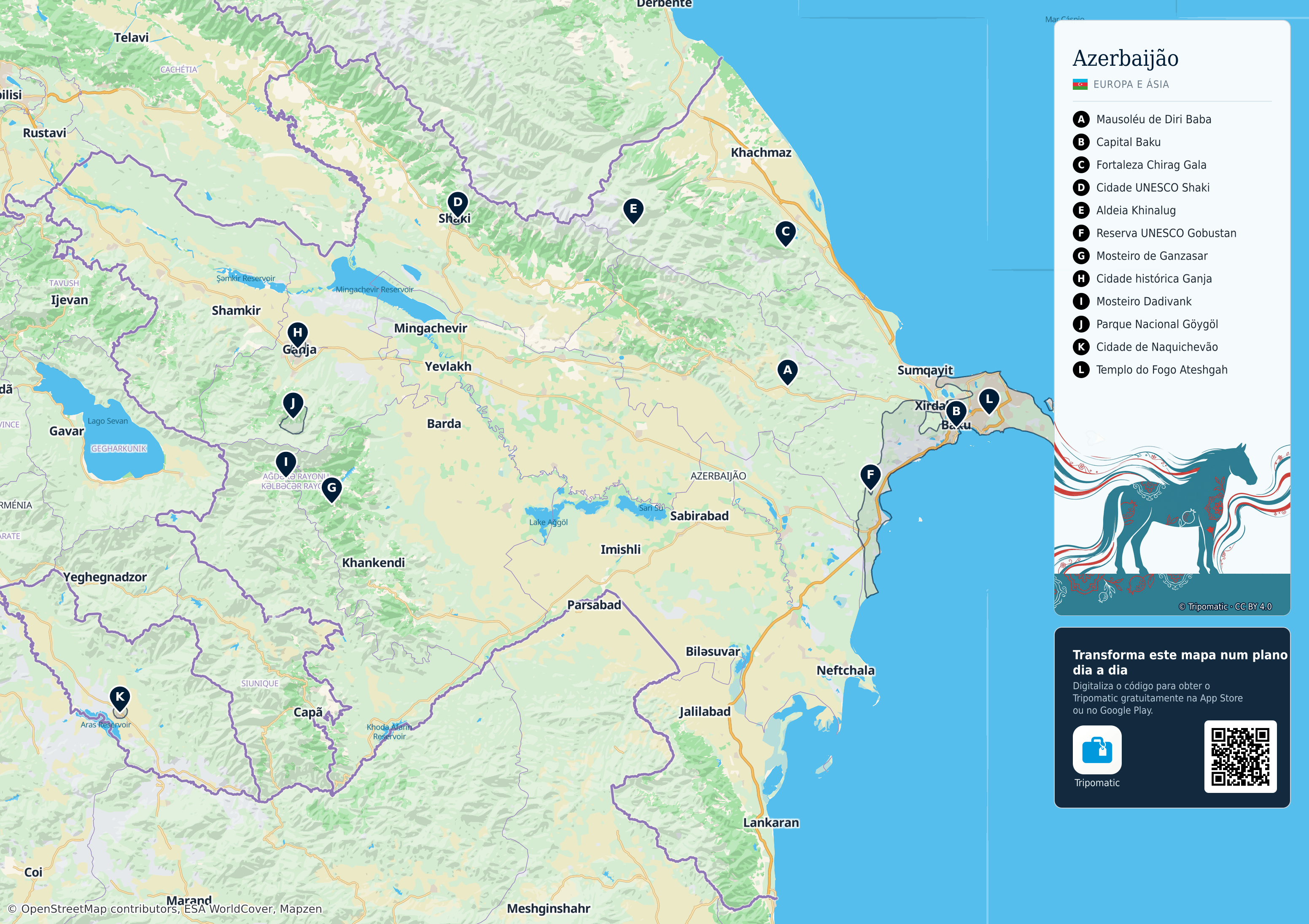 Azerbaijão – mapa turístico para imprimir com as principais atrações numeradas