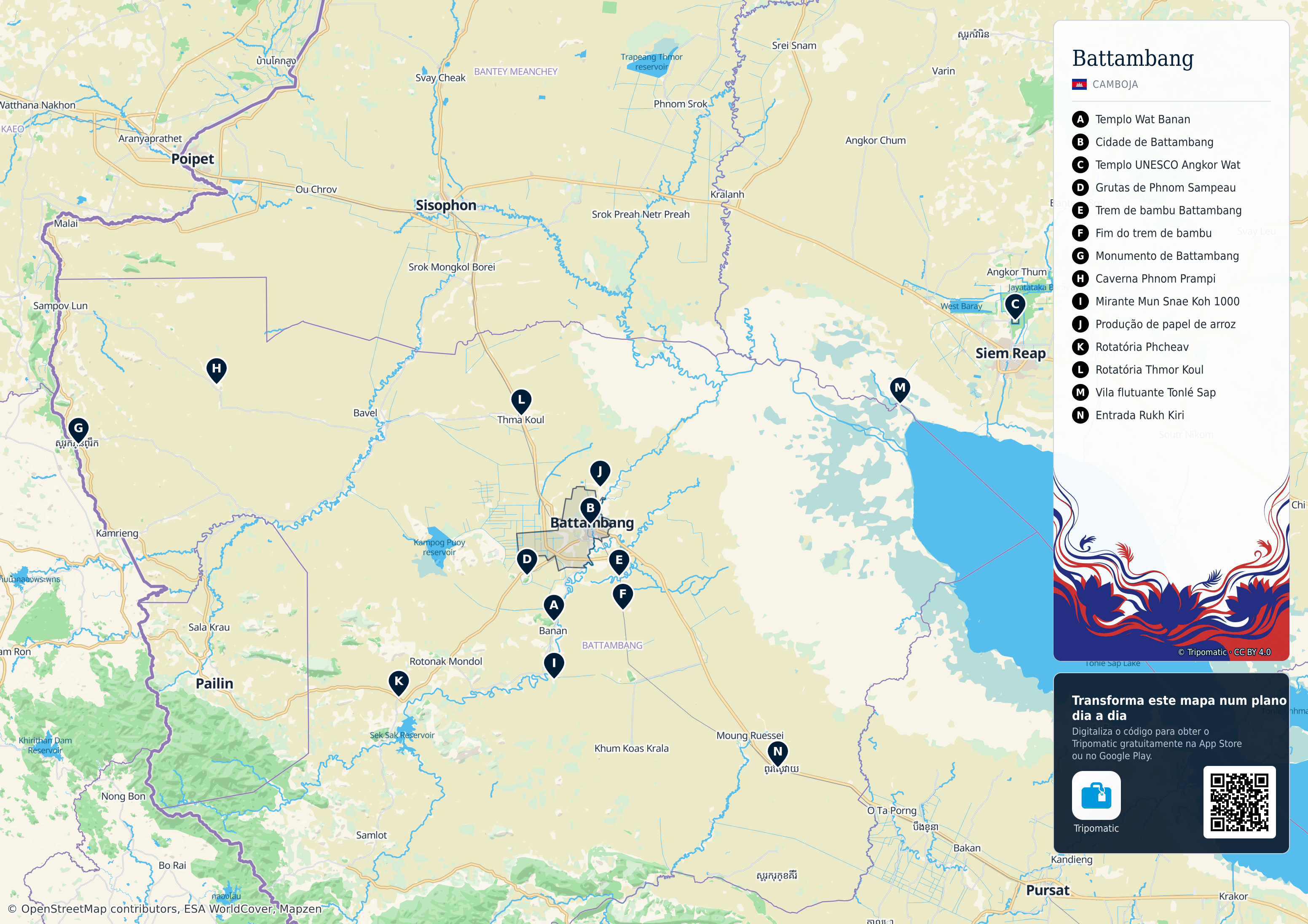 Província de Battambang – mapa turístico para imprimir com as principais atrações numeradas