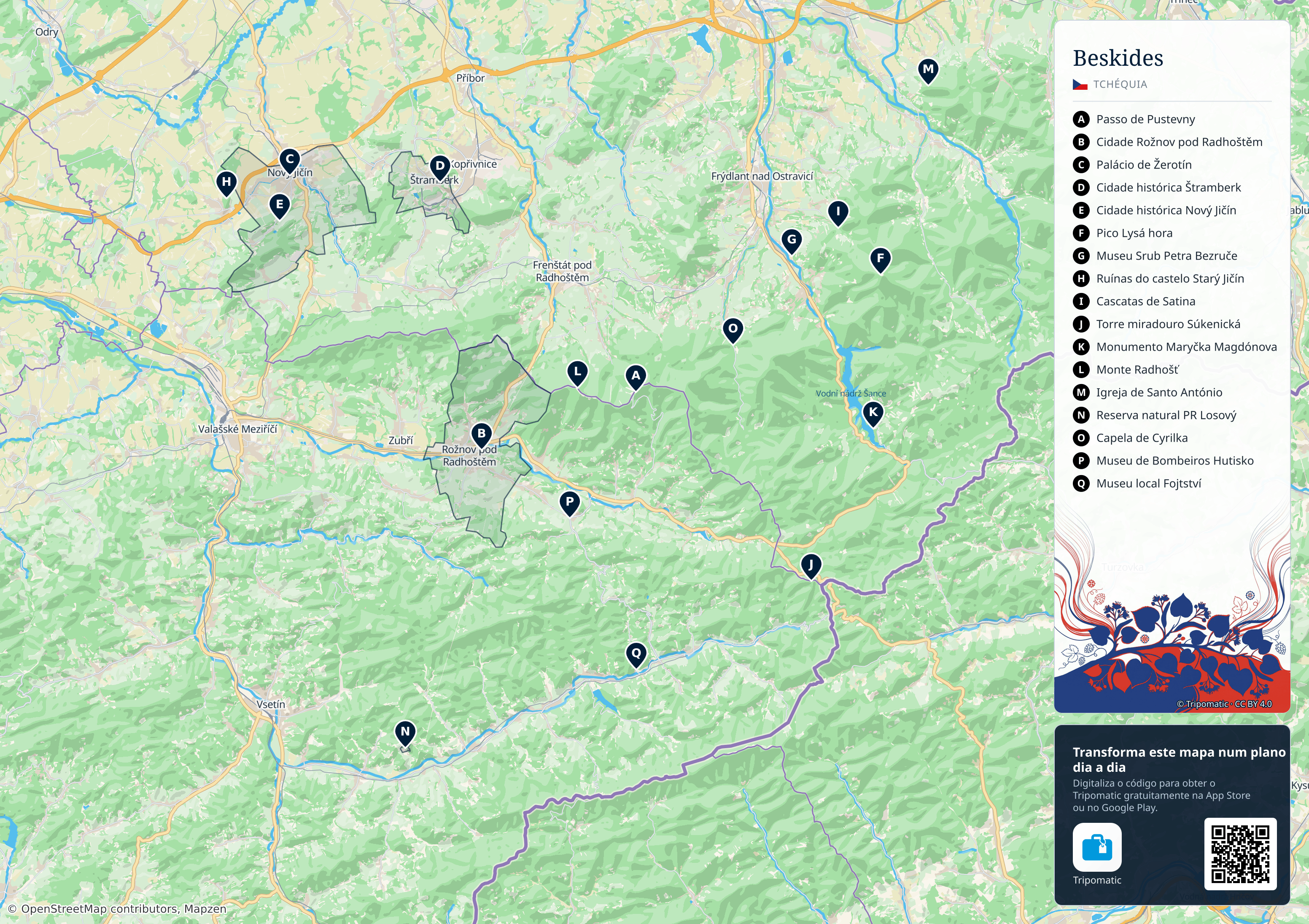 Área paisagística protegida dos Beskides – mapa turístico para imprimir com as principais atrações numeradas