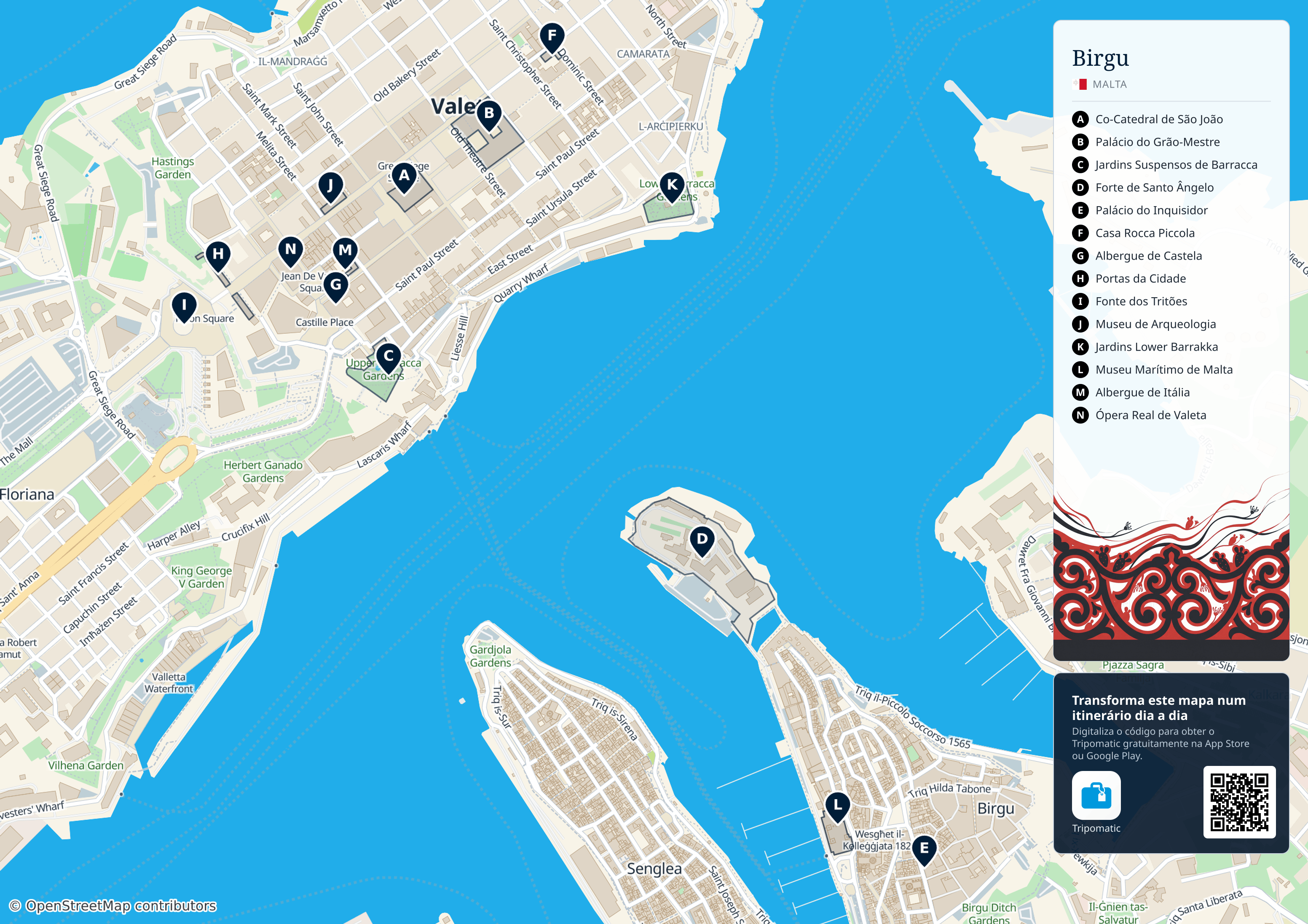 Birgu – mapa turístico imprimível com as principais atrações numeradas