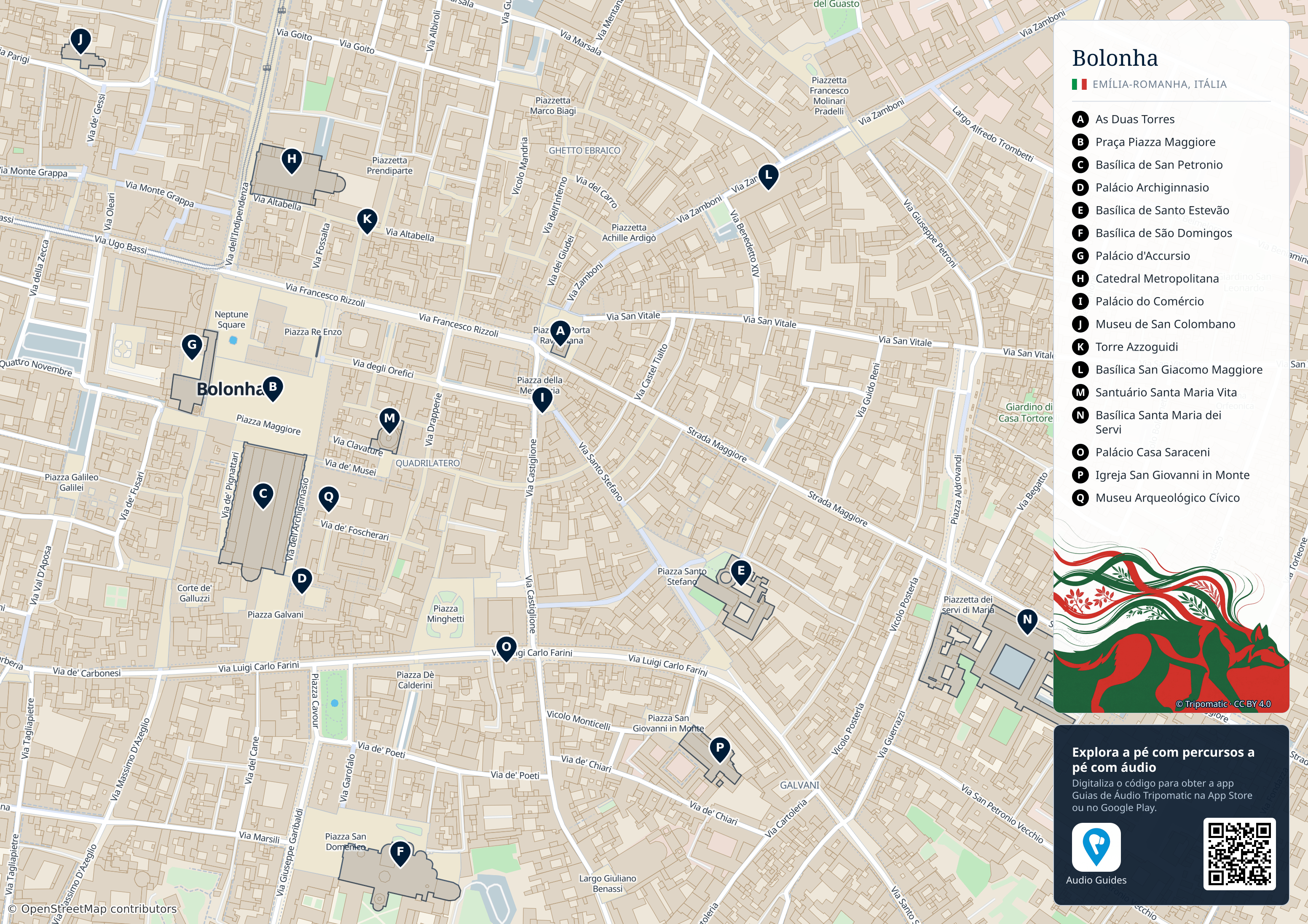 Bolonha – mapa turístico para imprimir com as principais atrações numeradas