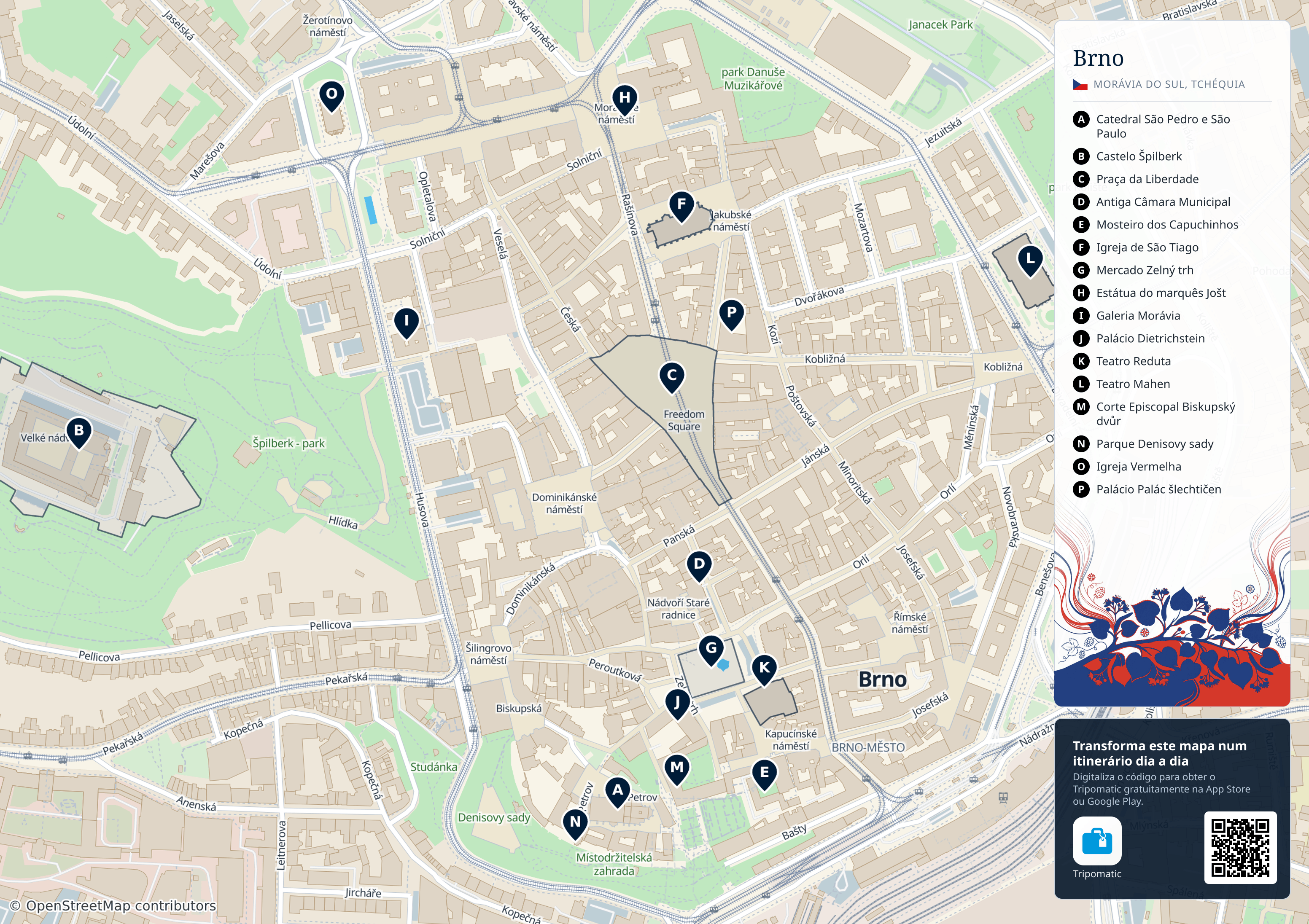 Brno – mapa turístico imprimível com as principais atrações numeradas