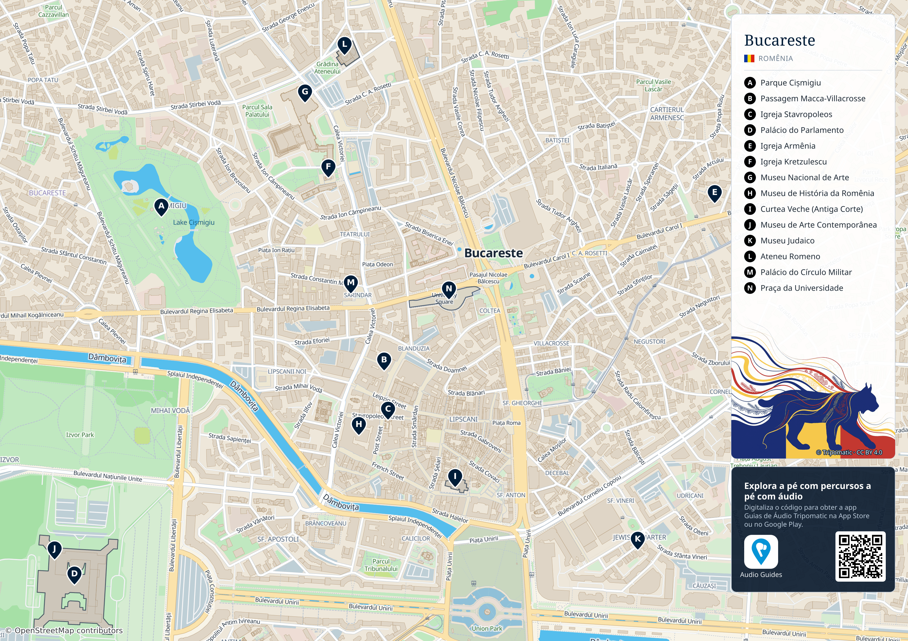 Bucareste – mapa turístico para imprimir com as principais atrações numeradas