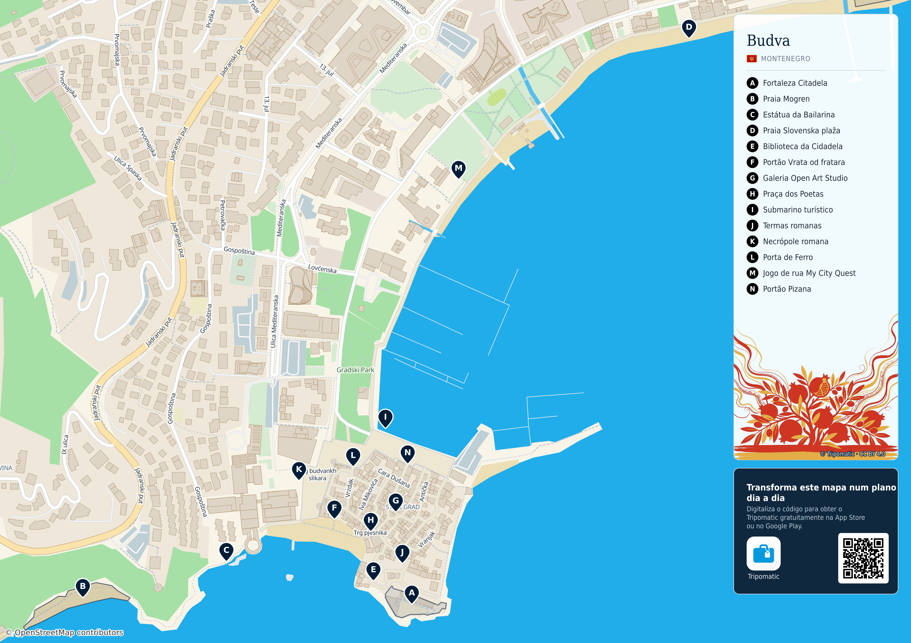 Budva – mapa turístico para imprimir com as principais atrações numeradas