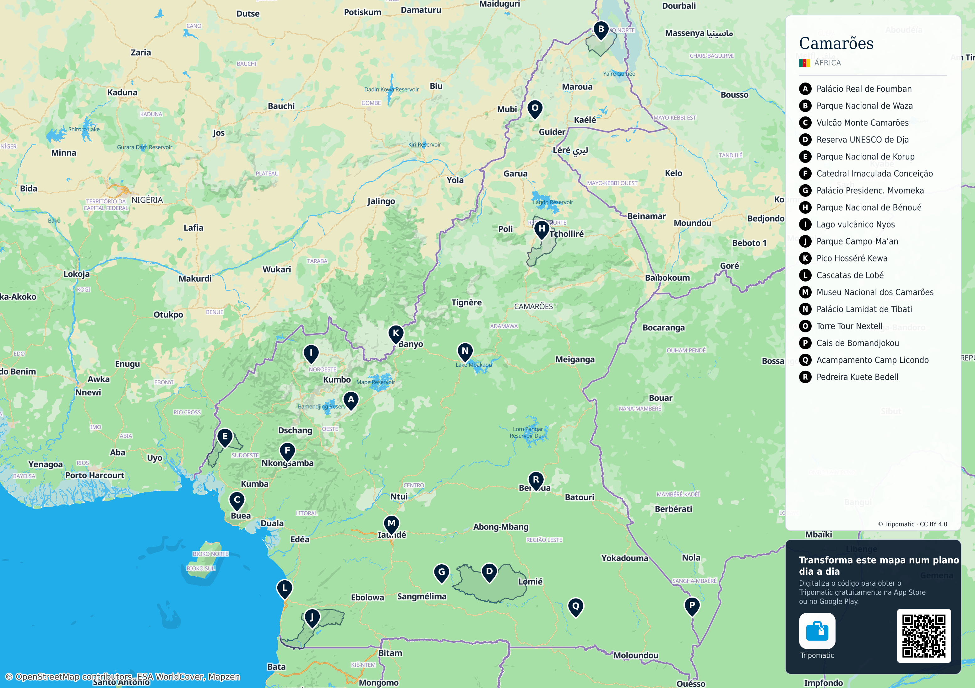Camarões – mapa turístico para imprimir com as principais atrações numeradas