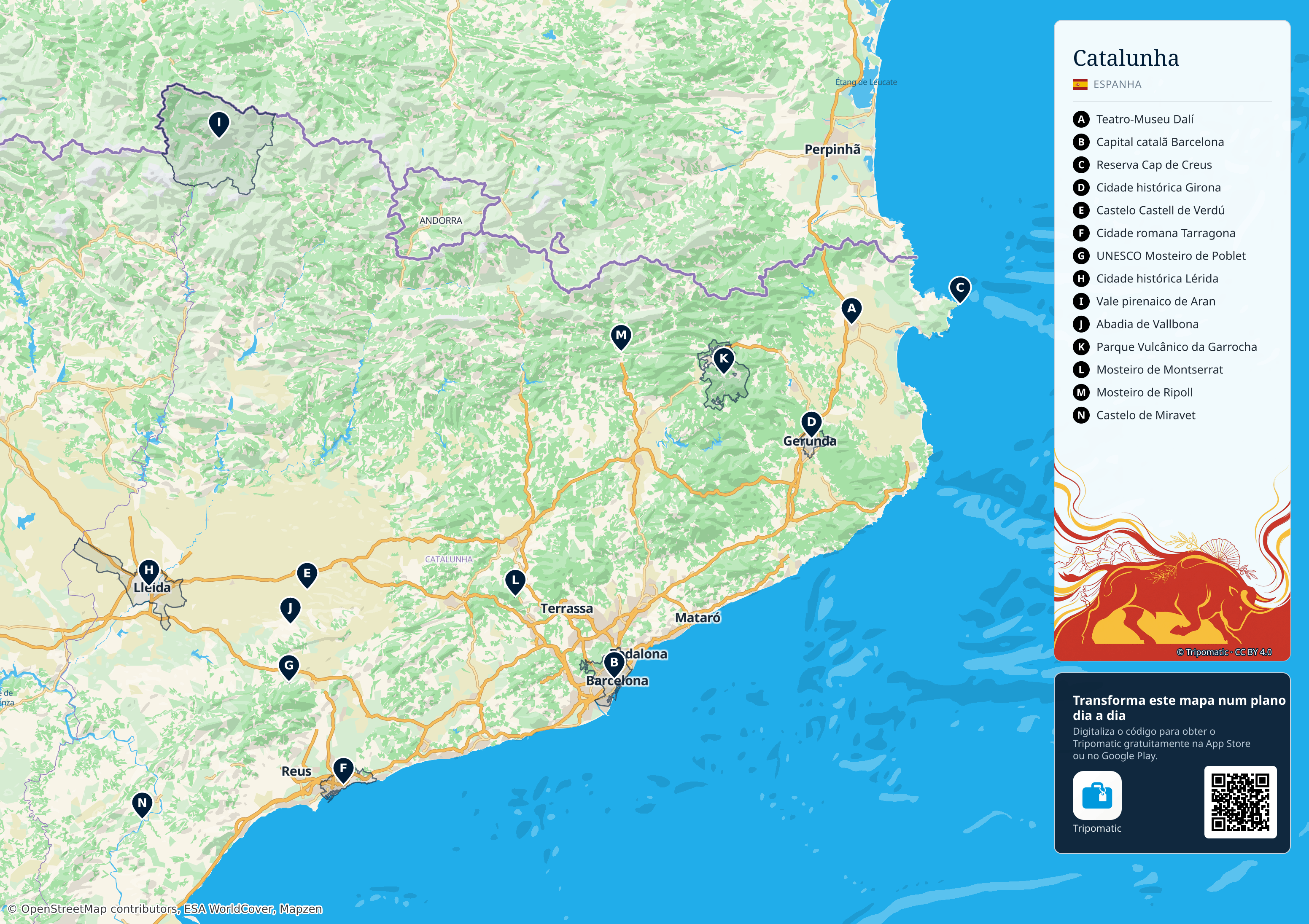 Catalunha – mapa turístico para imprimir com as principais atrações numeradas
