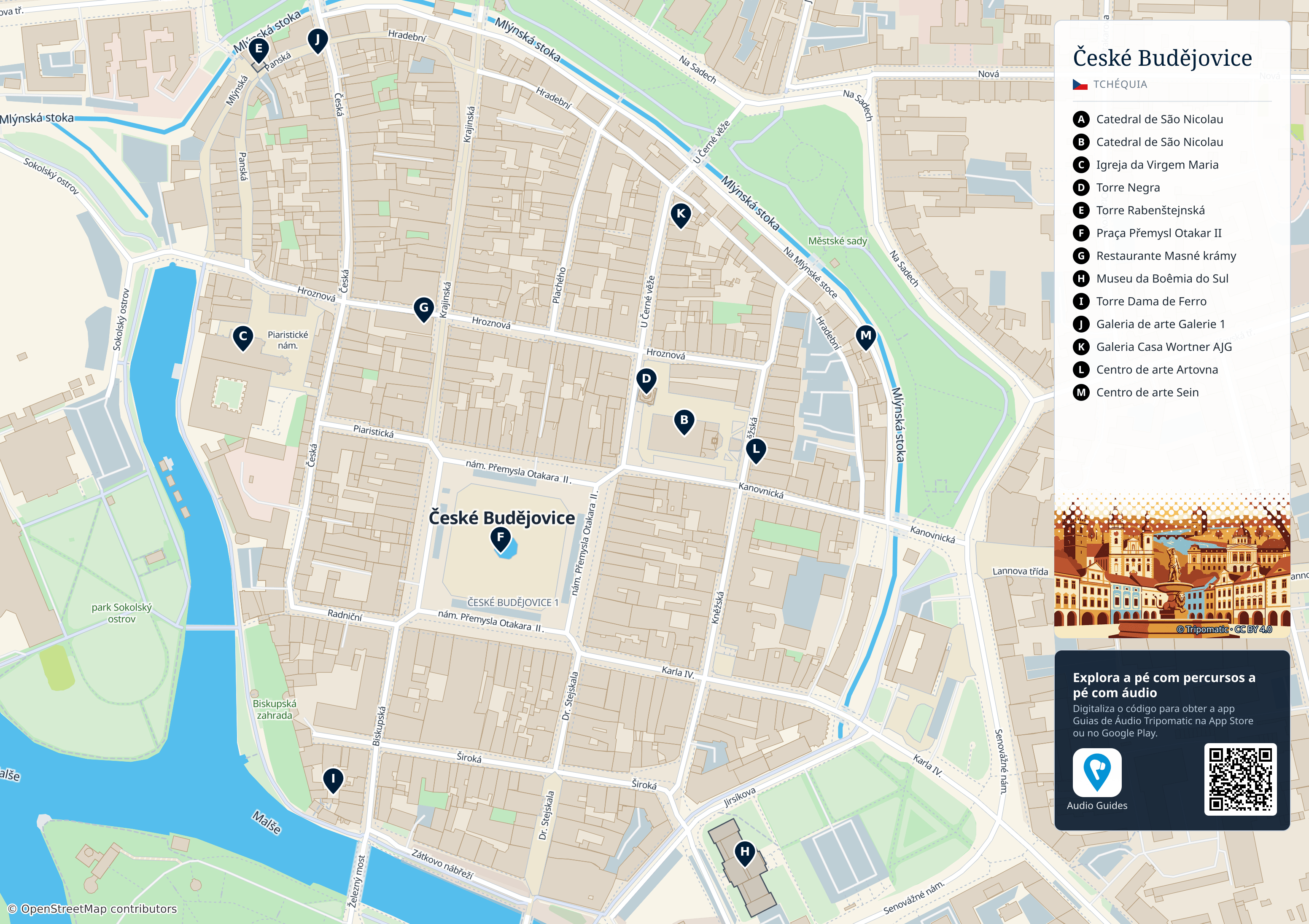 České Budějovice – mapa turístico para imprimir com as principais atrações numeradas