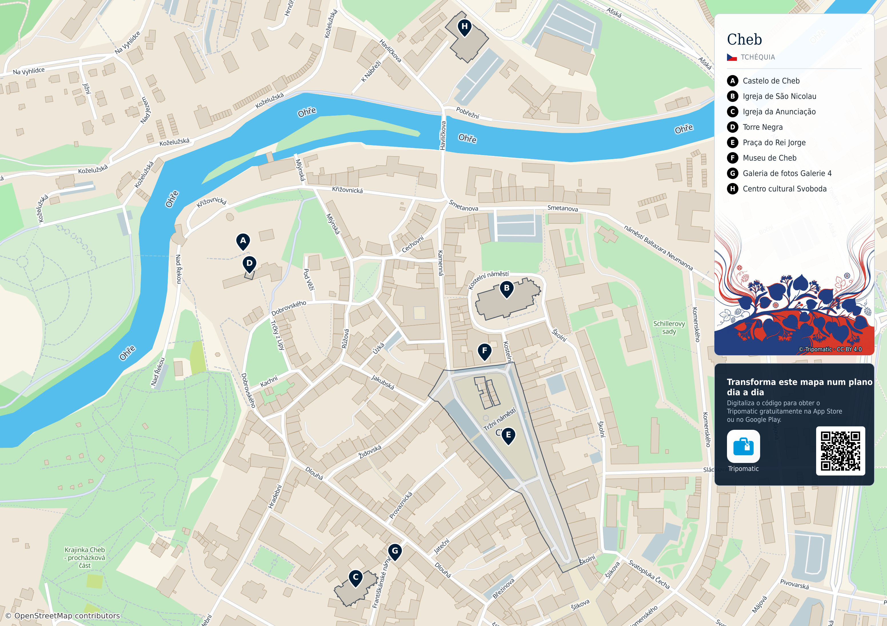 Cheb – mapa turístico para imprimir com as principais atrações numeradas