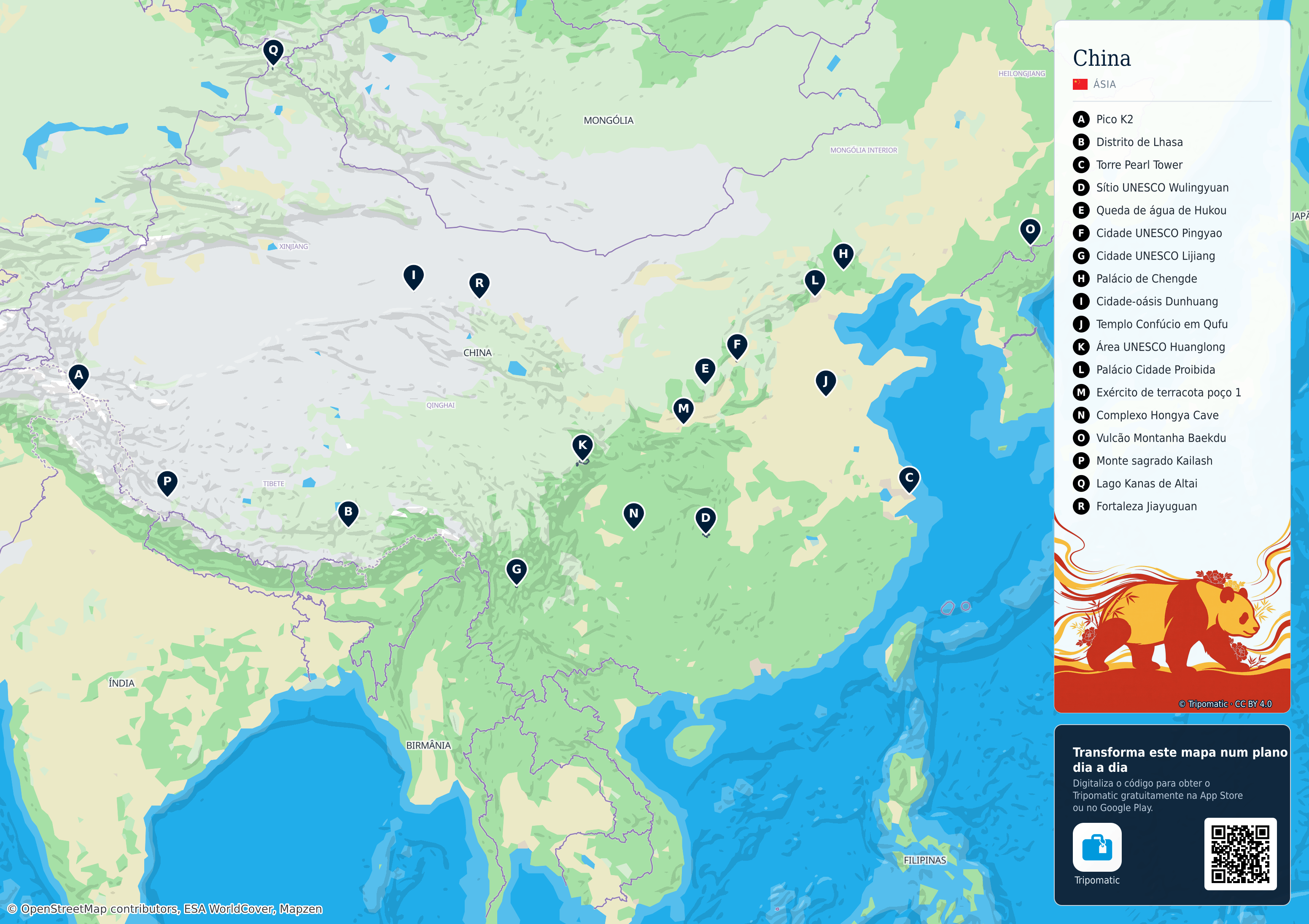 China – mapa turístico para imprimir com as principais atrações numeradas
