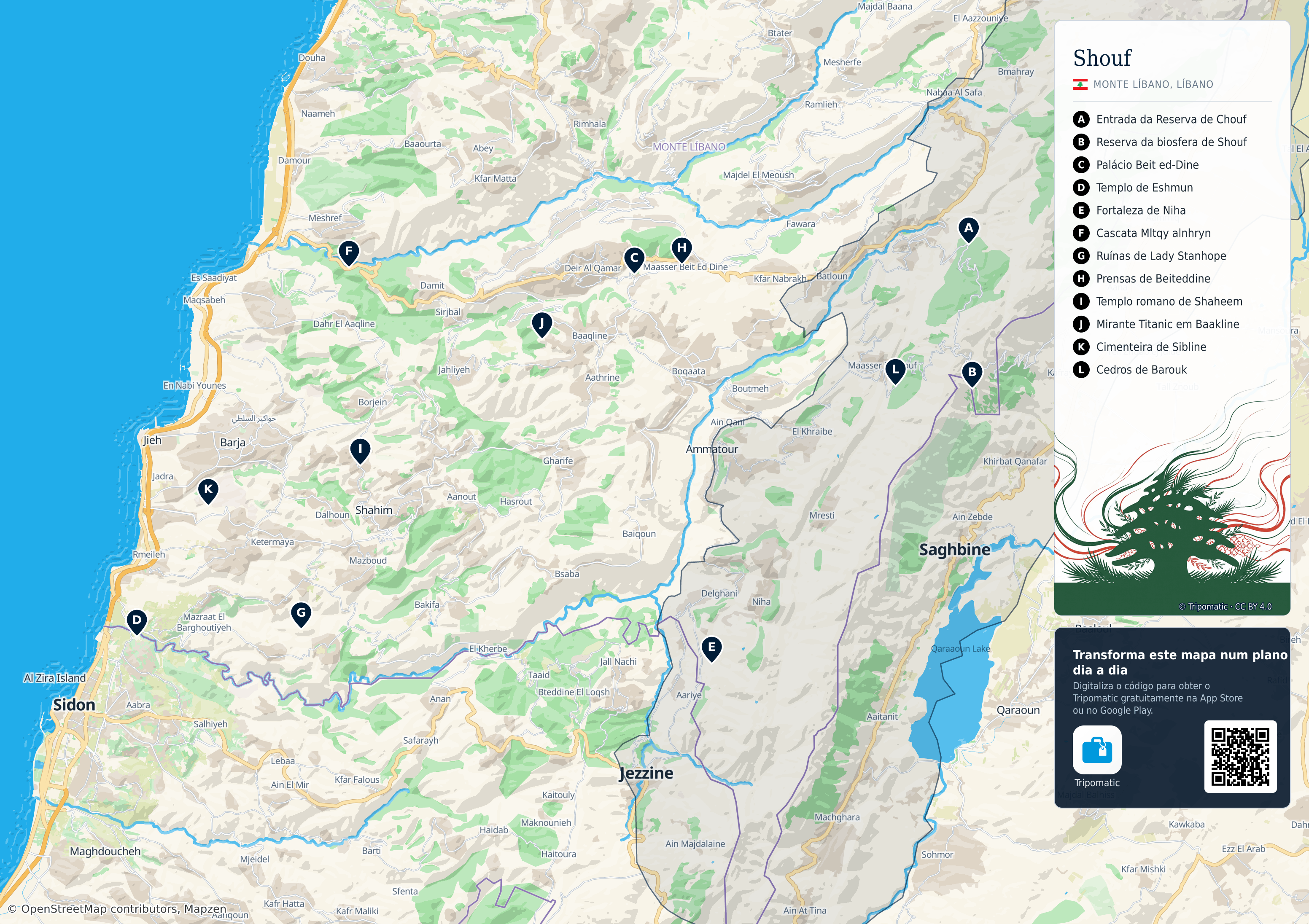 Shouf – mapa turístico para imprimir com as principais atrações numeradas