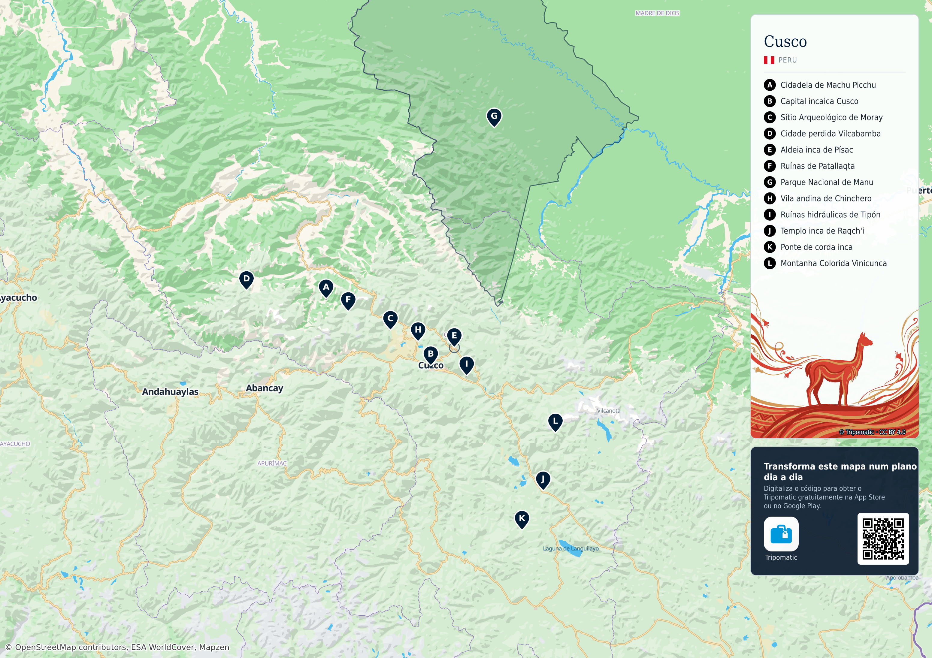 Departamento de Cusco – mapa turístico para imprimir com as principais atrações numeradas