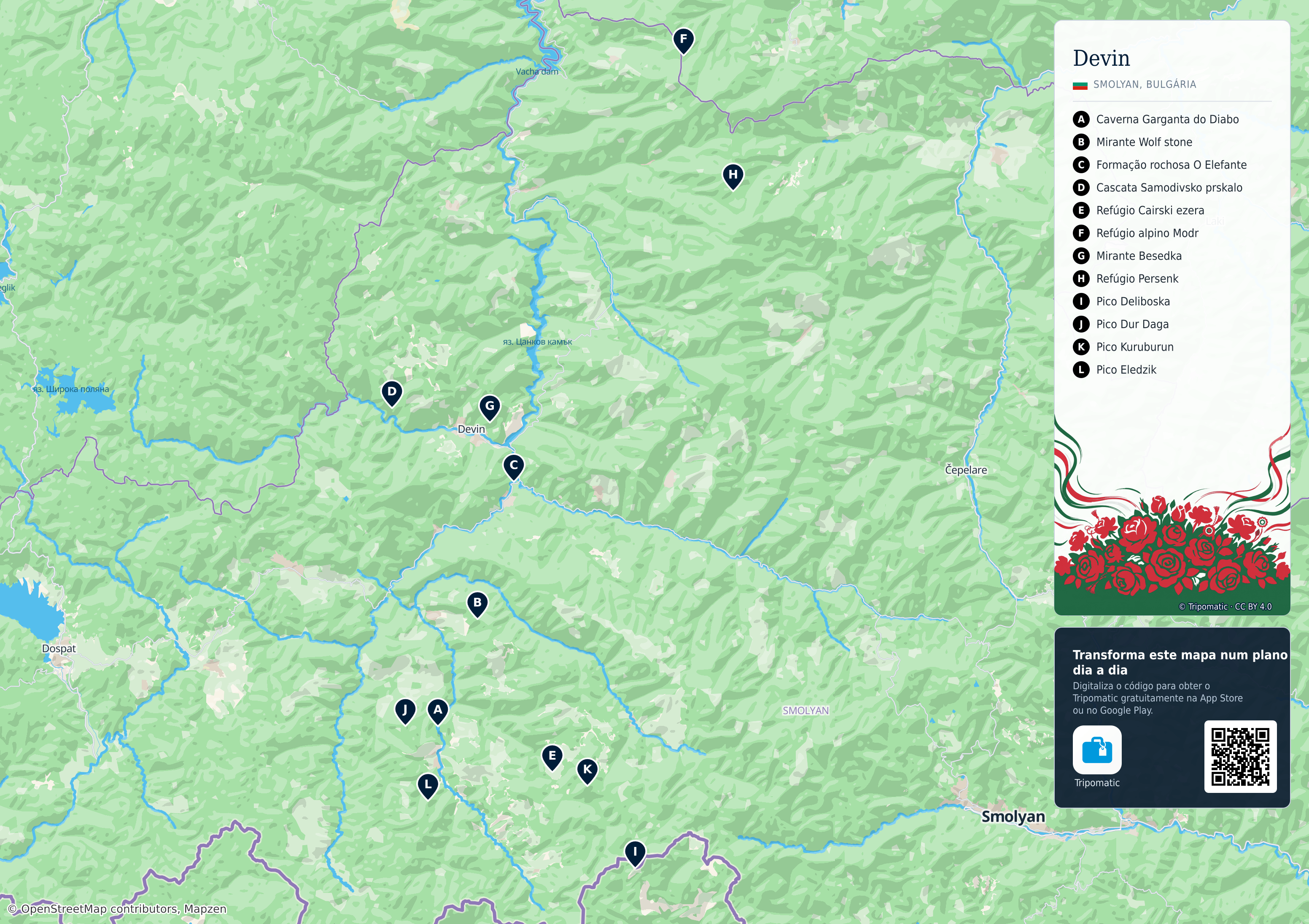 Devin – mapa turístico para imprimir com as principais atrações numeradas