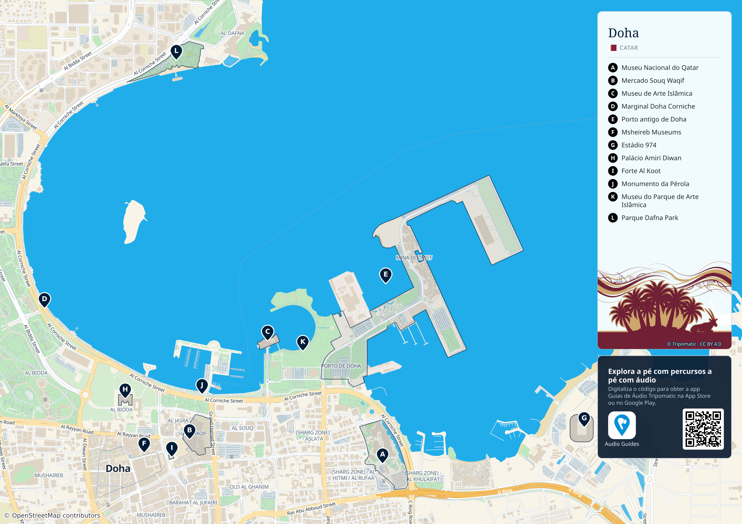 Doha – mapa turístico para imprimir com as principais atrações numeradas