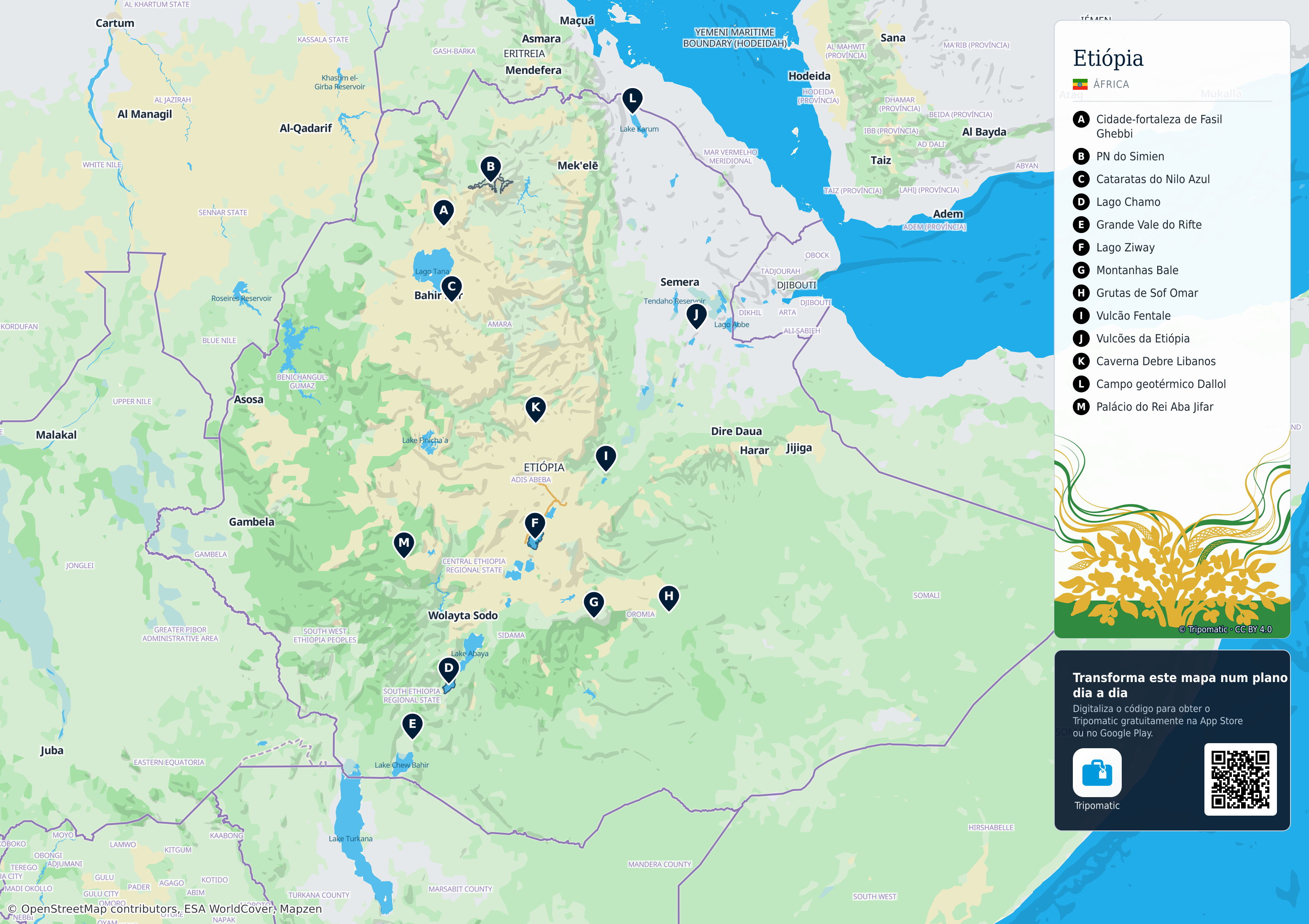 Etiópia – mapa turístico para imprimir com as principais atrações numeradas