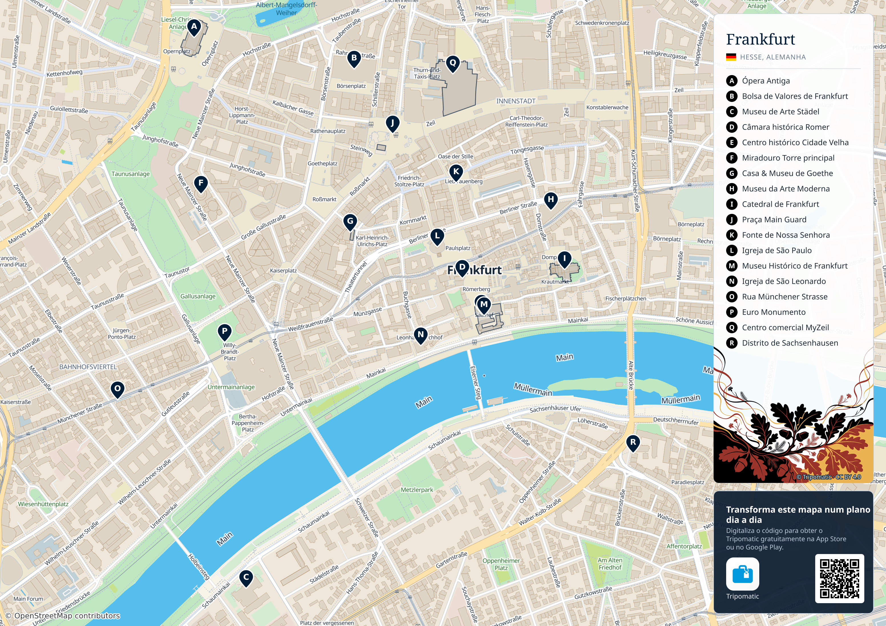 Frankfurt – mapa turístico para imprimir com as principais atrações numeradas