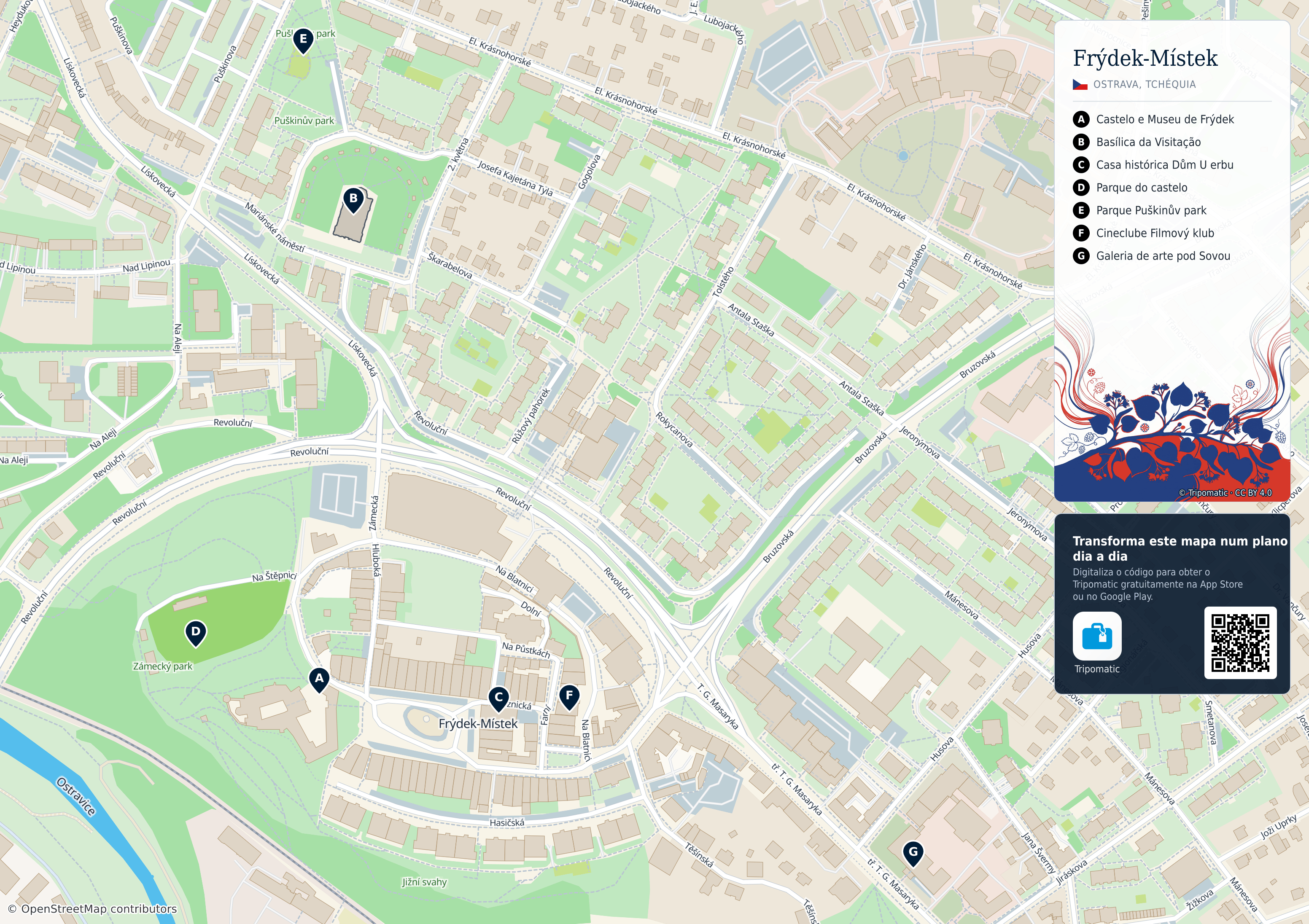 Frýdek-Místek – mapa turístico para imprimir com as principais atrações numeradas