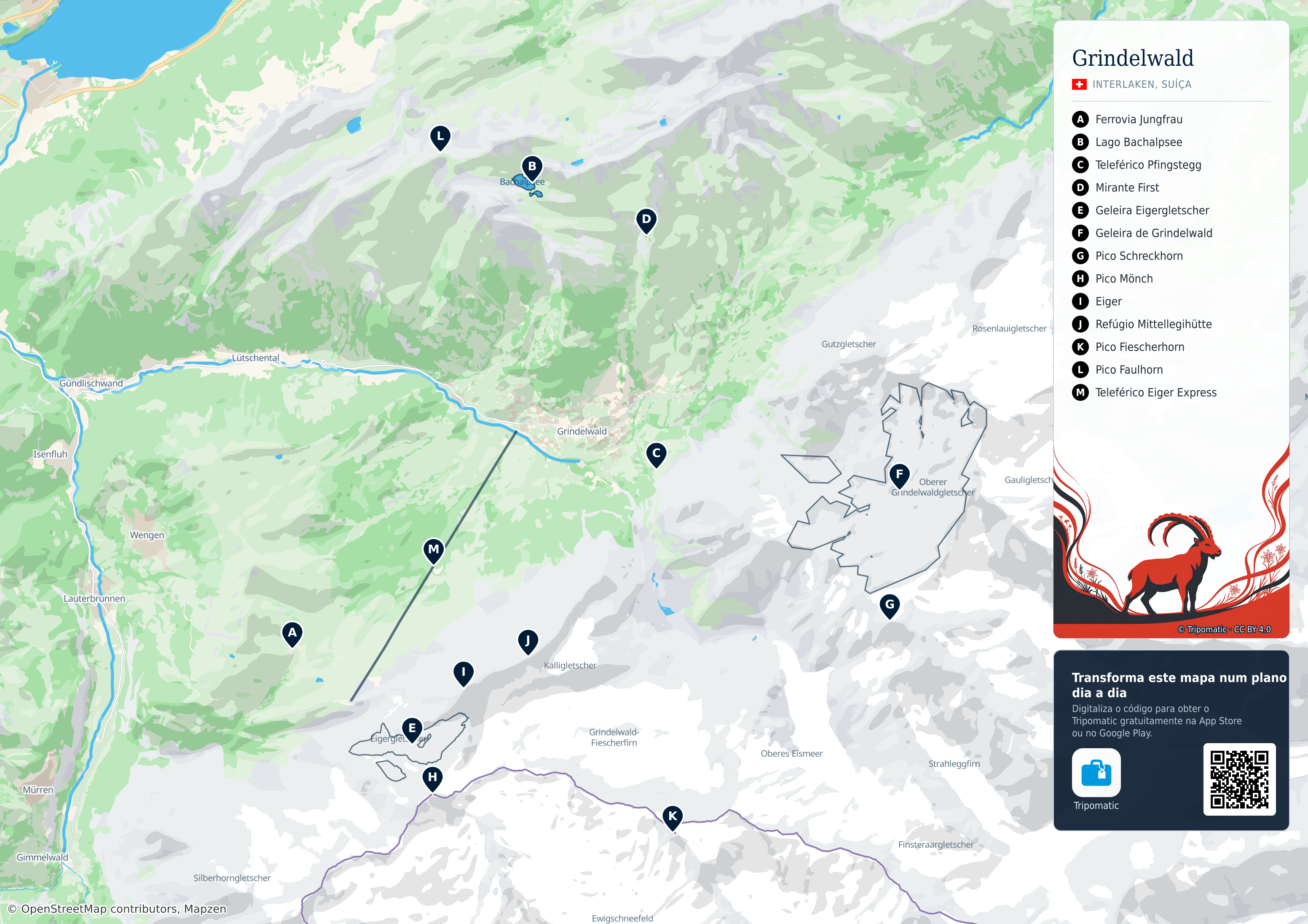 Grindelwald – mapa turístico para imprimir com as principais atrações numeradas