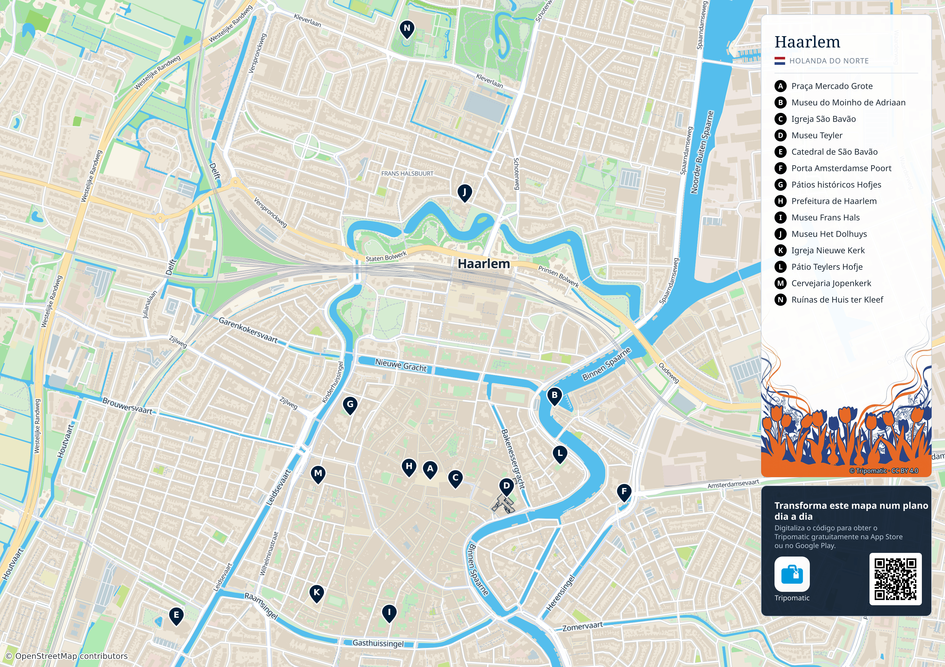 Haarlem – mapa turístico para imprimir com as principais atrações numeradas