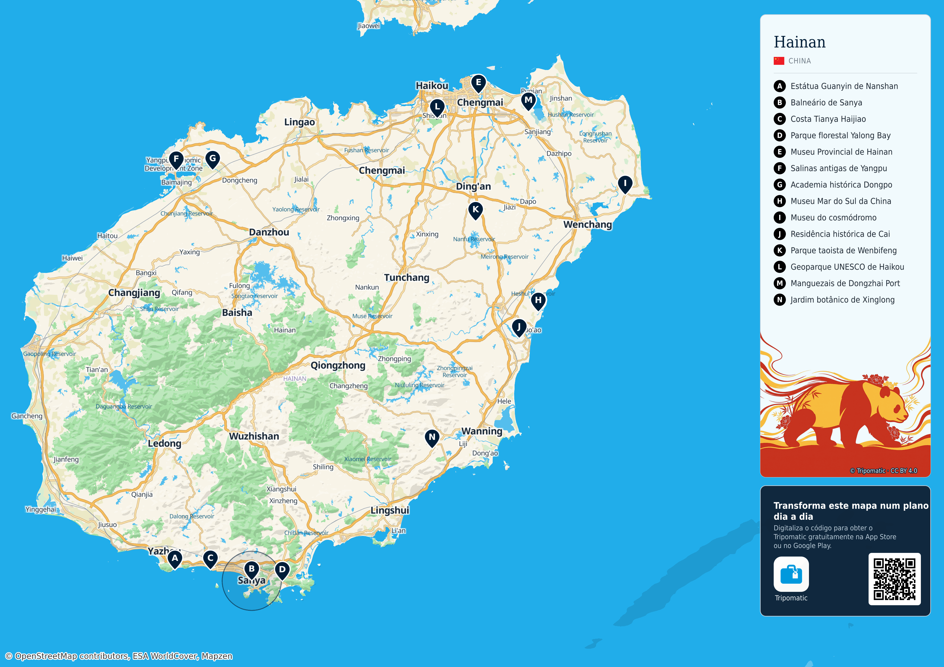 Hainan – mapa turístico para imprimir com as principais atrações numeradas