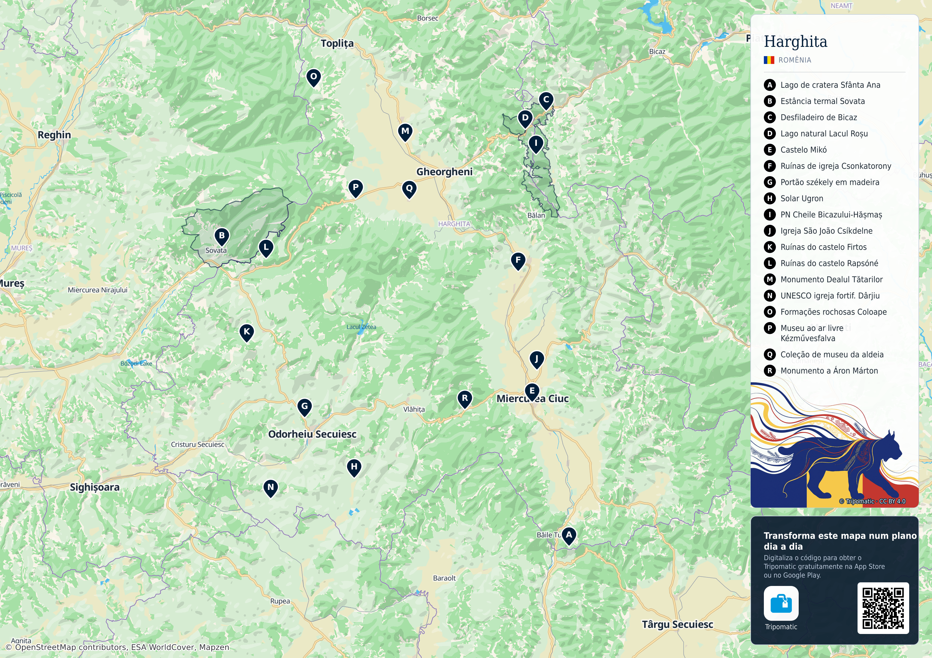 Harghita – mapa turístico para imprimir com as principais atrações numeradas