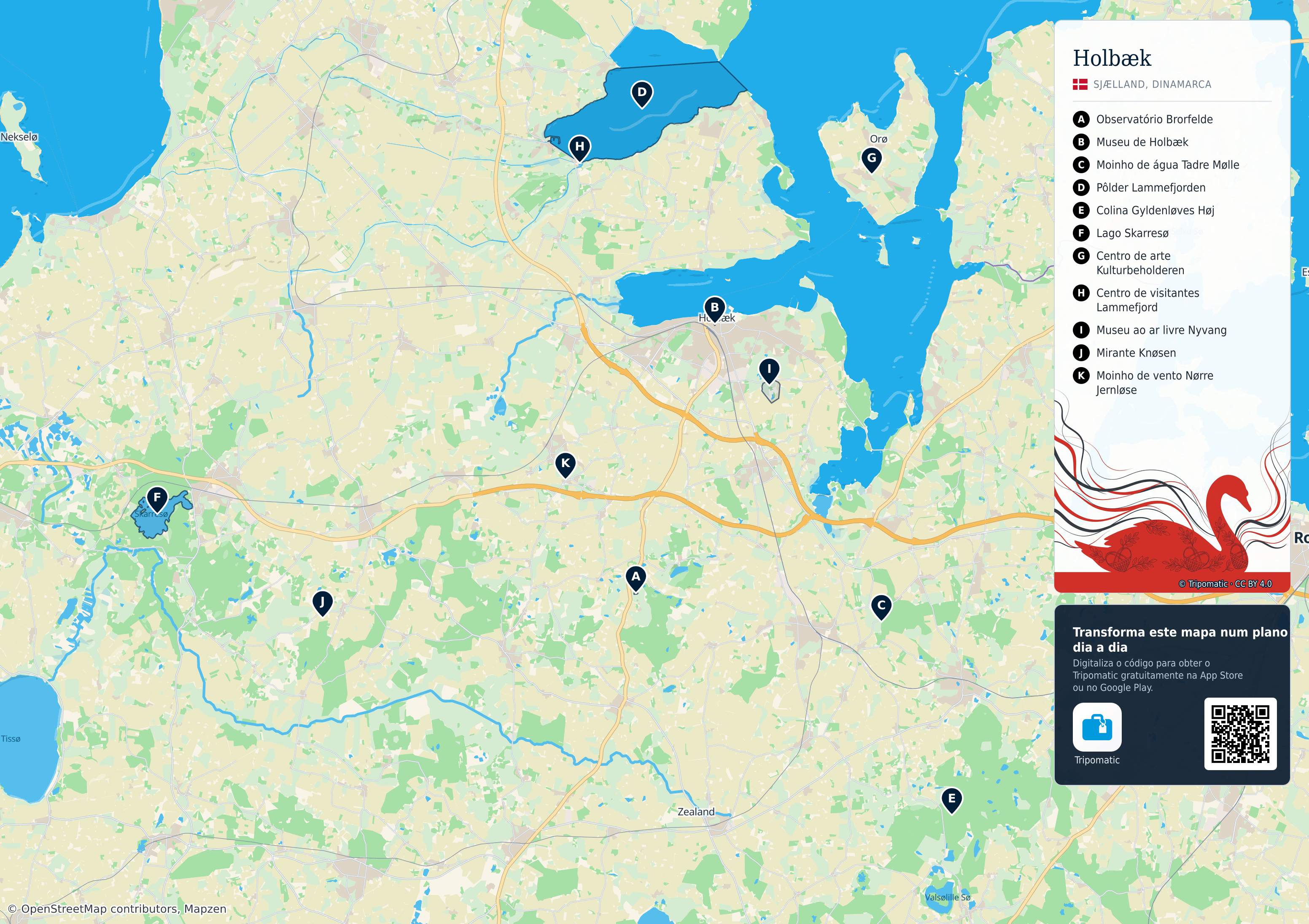 Holbæk – mapa turístico para imprimir com as principais atrações numeradas
