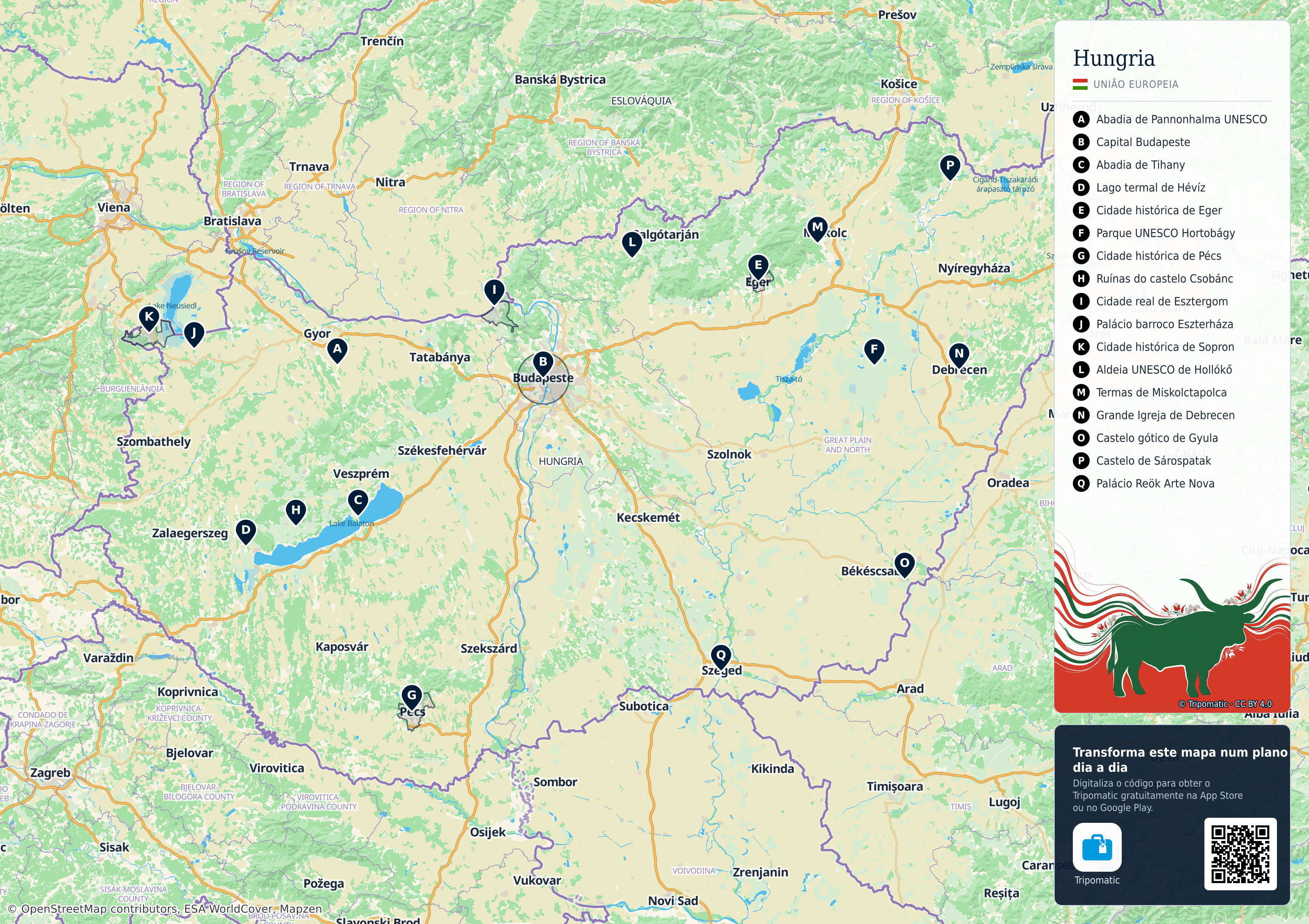 Hungria – mapa turístico para imprimir com as principais atrações numeradas