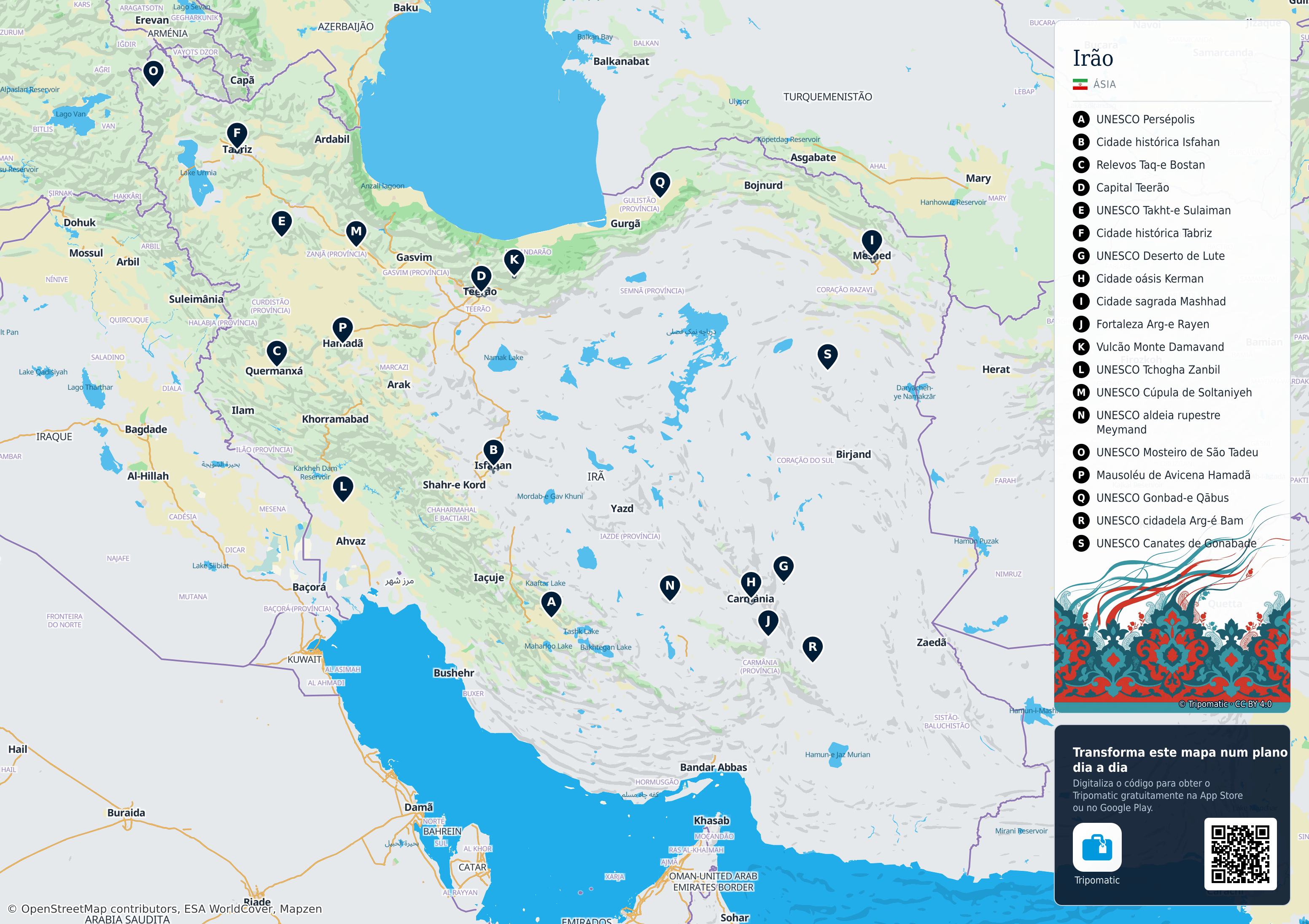 Irão – mapa turístico para imprimir com as principais atrações numeradas