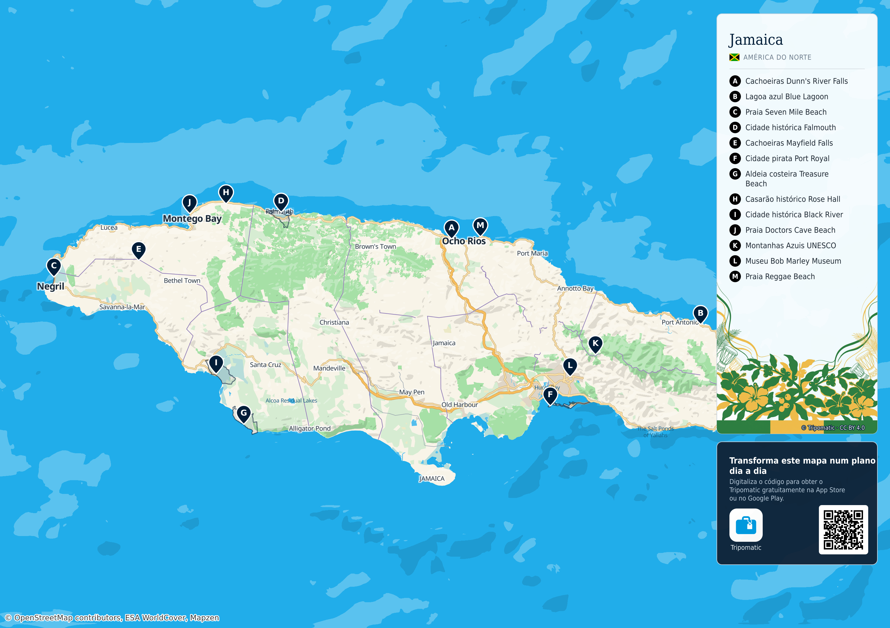 Jamaica – mapa turístico para imprimir com as principais atrações numeradas