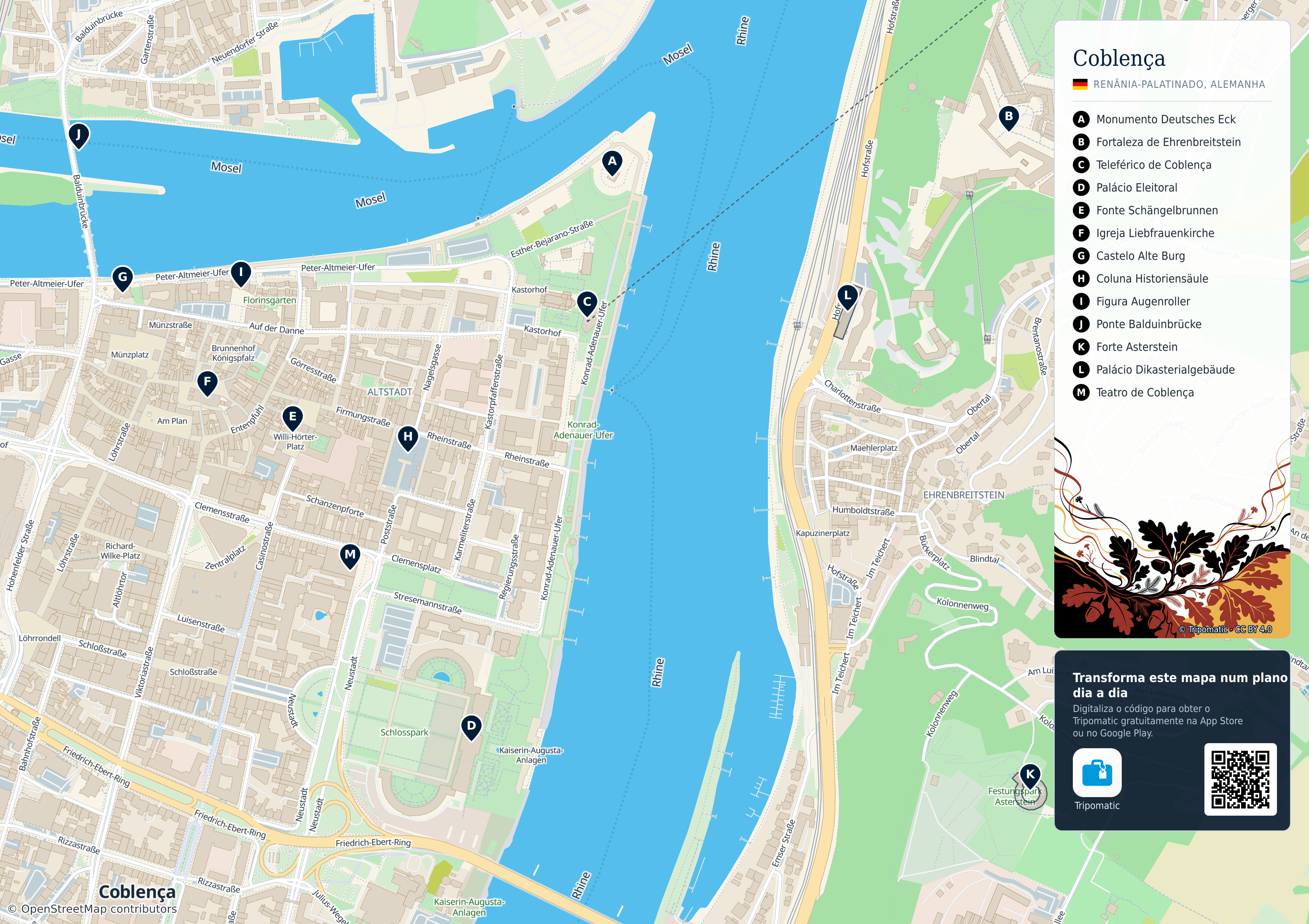 Coblença – mapa turístico para imprimir com as principais atrações numeradas