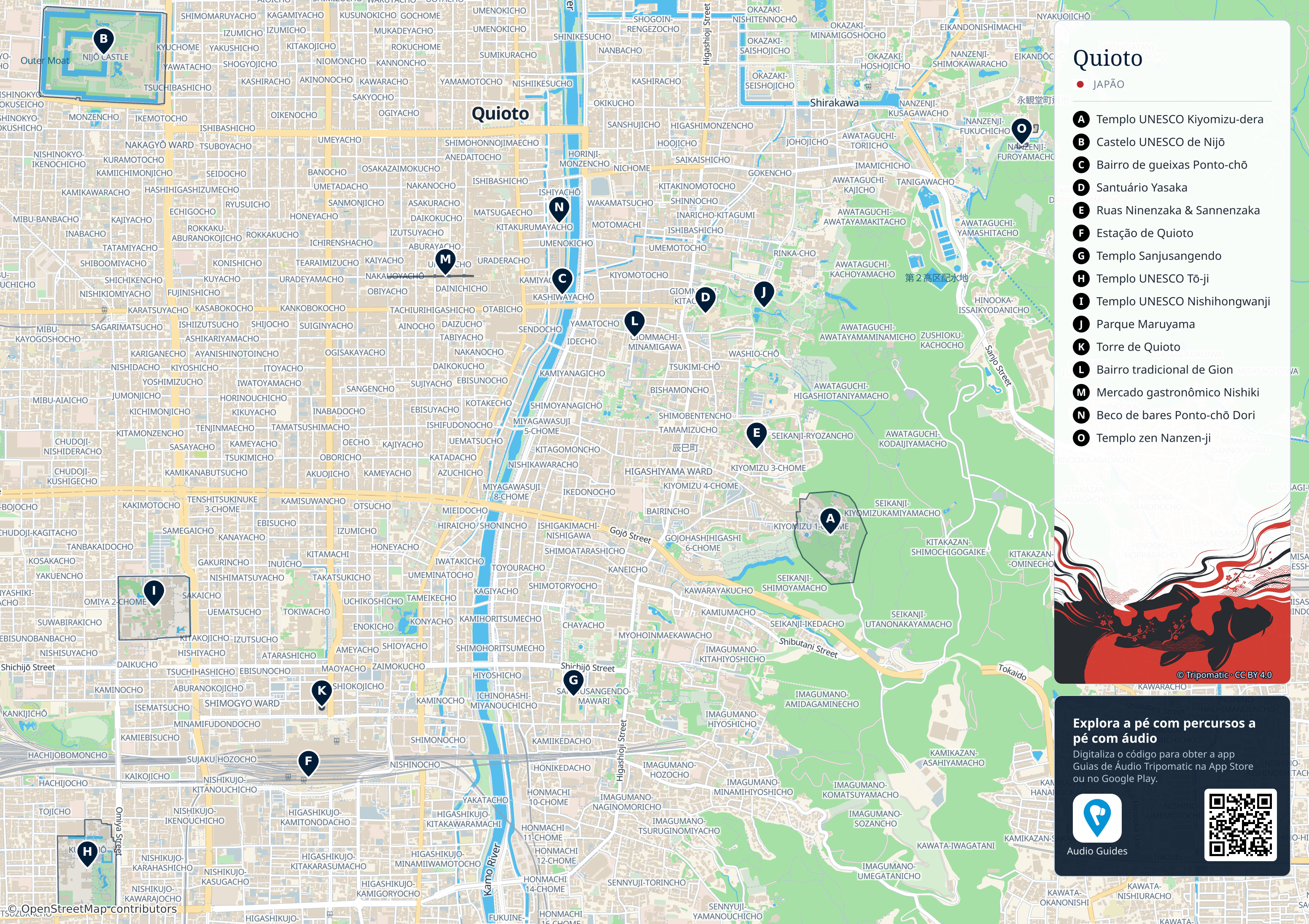 Quioto – mapa turístico para imprimir com as principais atrações numeradas