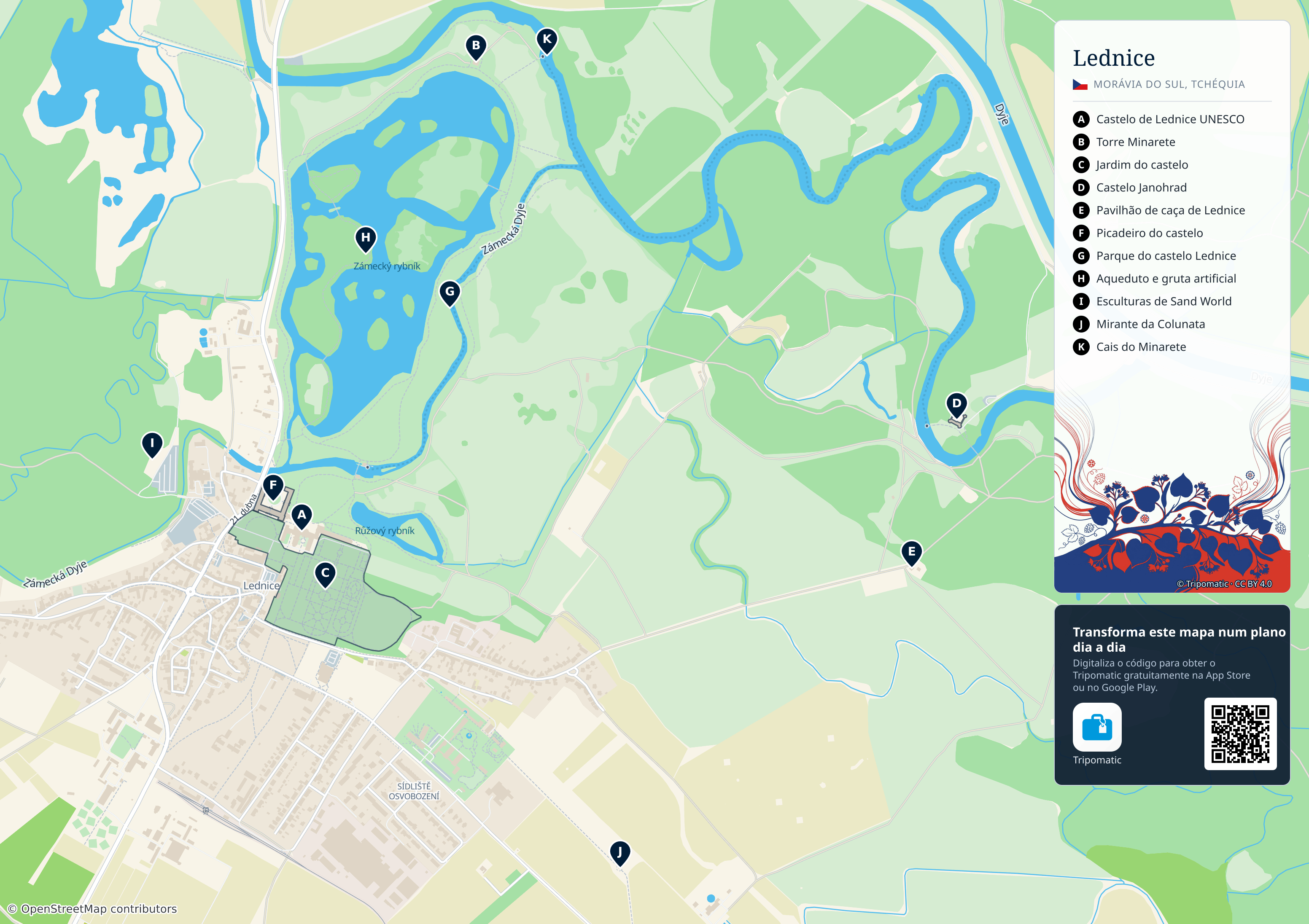 Lednice – mapa turístico para imprimir com as principais atrações numeradas