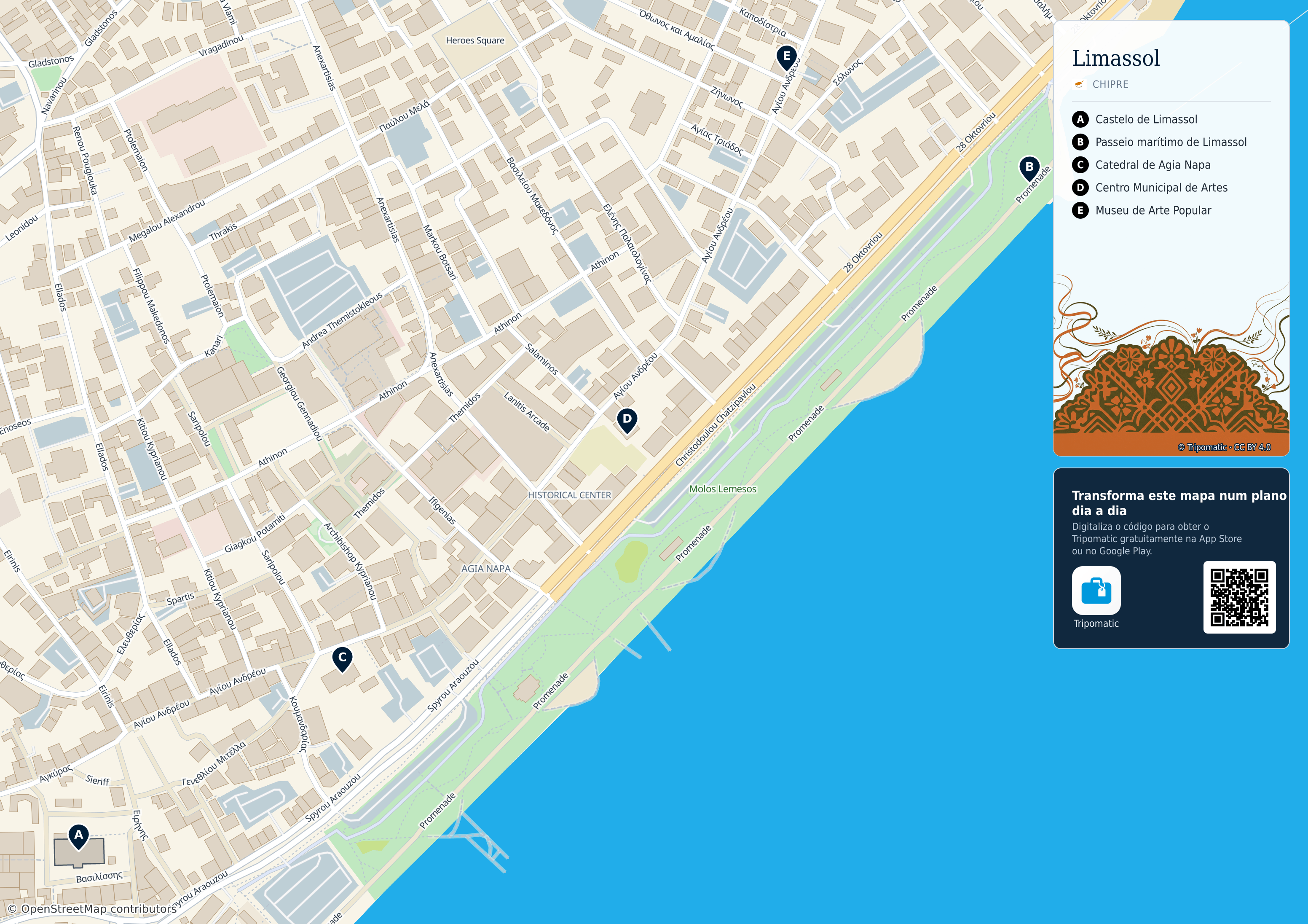 Limassol – mapa turístico para imprimir com as principais atrações numeradas