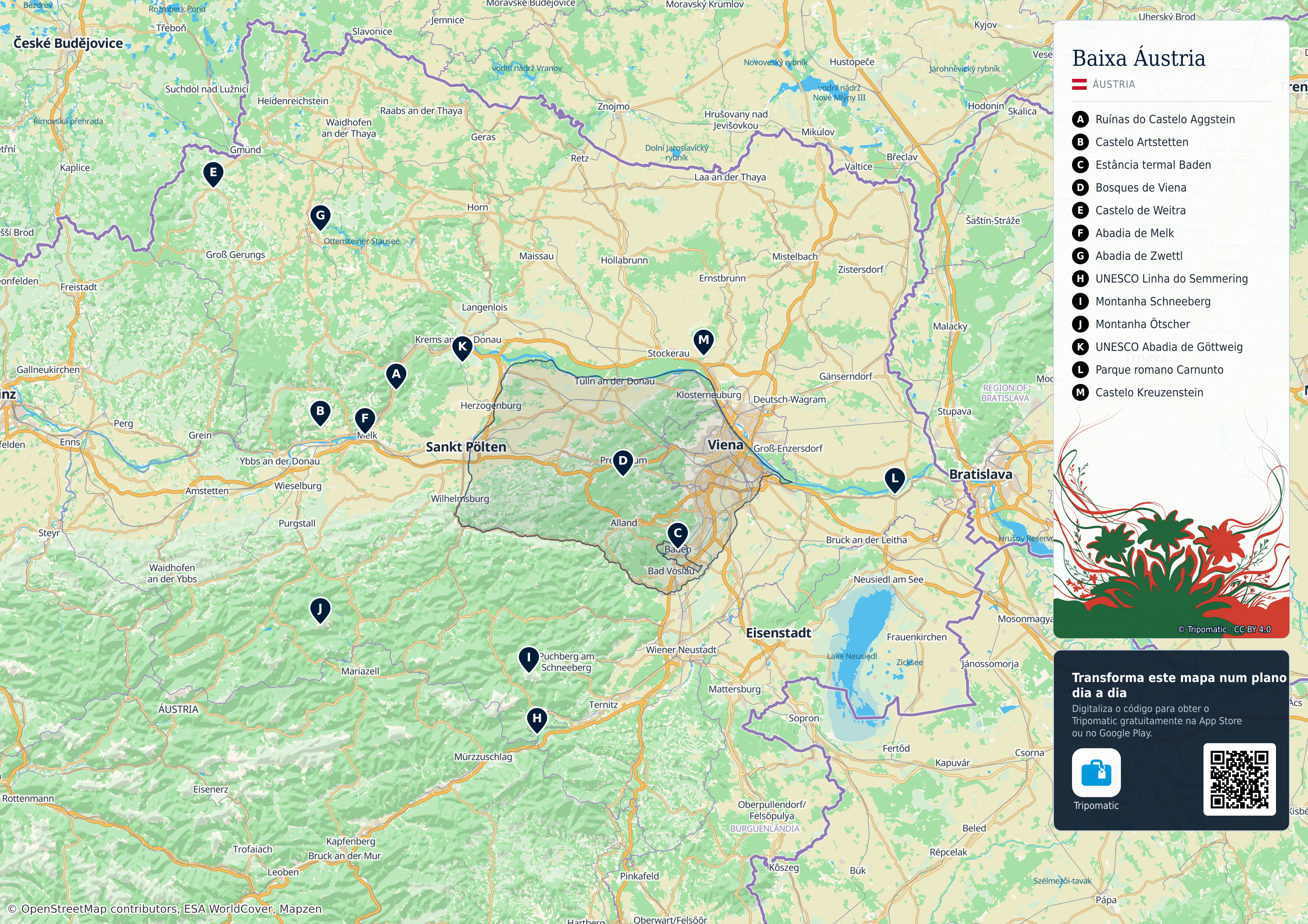 Baixa Áustria – mapa turístico para imprimir com as principais atrações numeradas