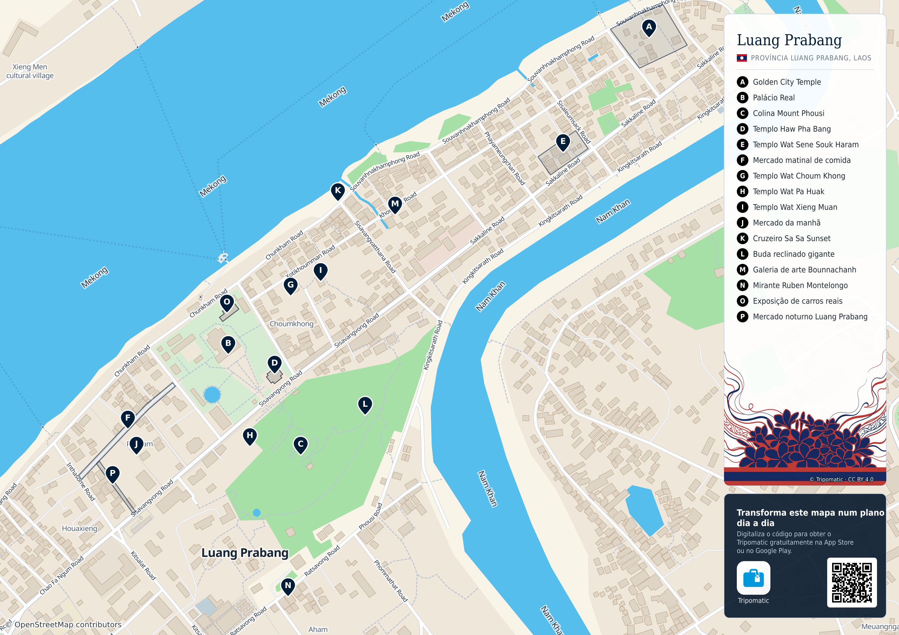 Luang Prabang – mapa turístico para imprimir com as principais atrações numeradas