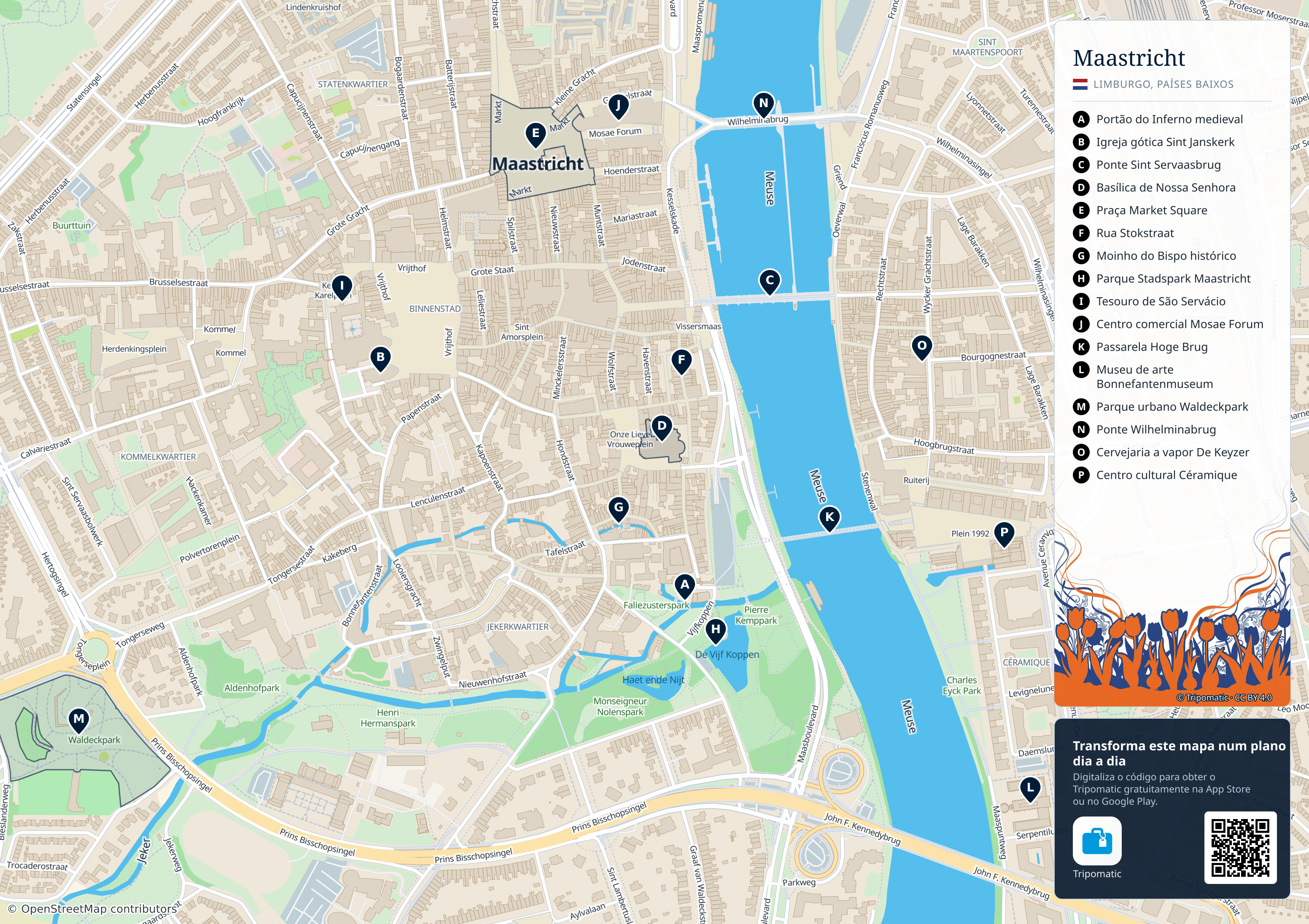Maastricht – mapa turístico para imprimir com as principais atrações numeradas