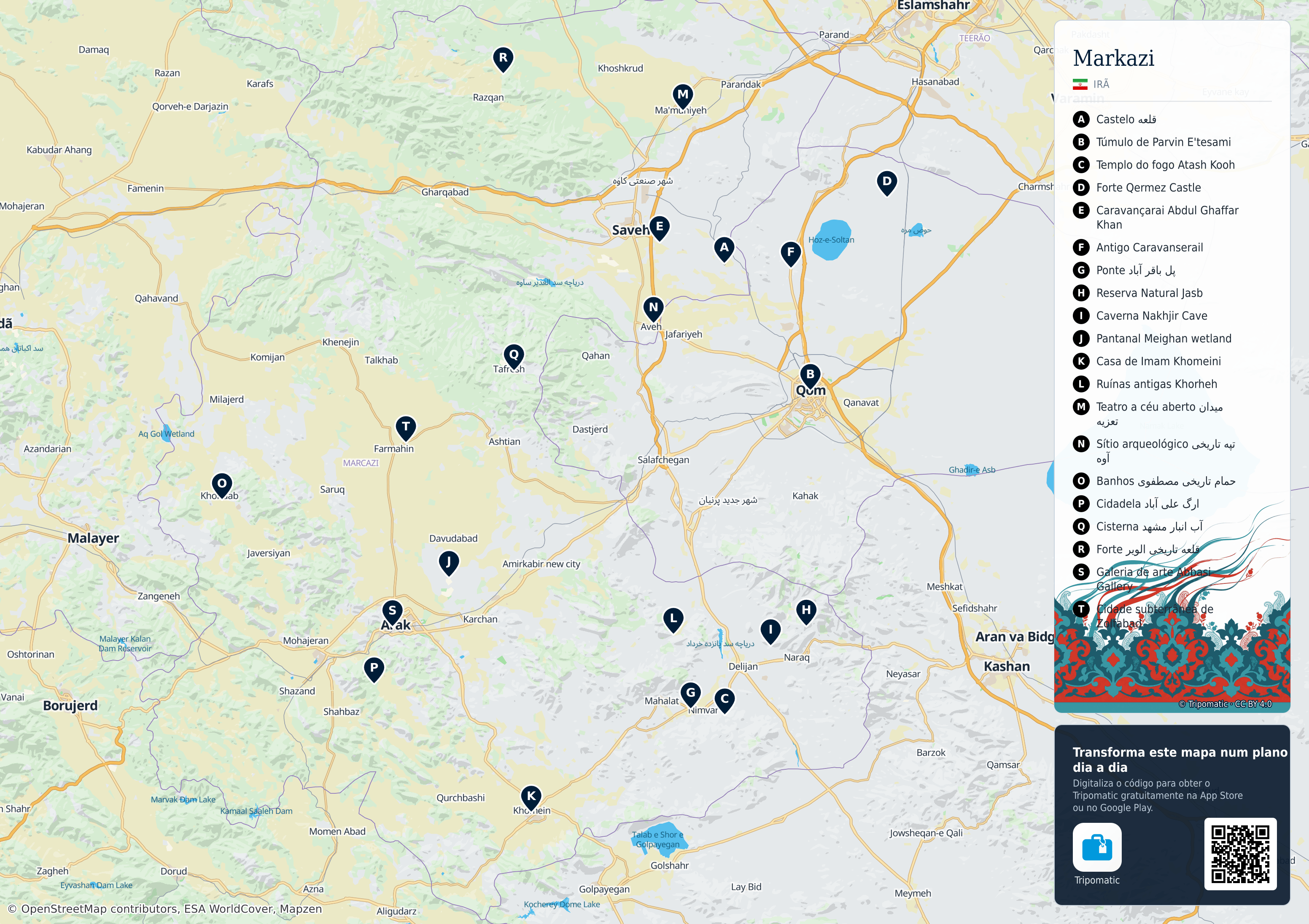 Markazi – mapa turístico para imprimir com as principais atrações numeradas