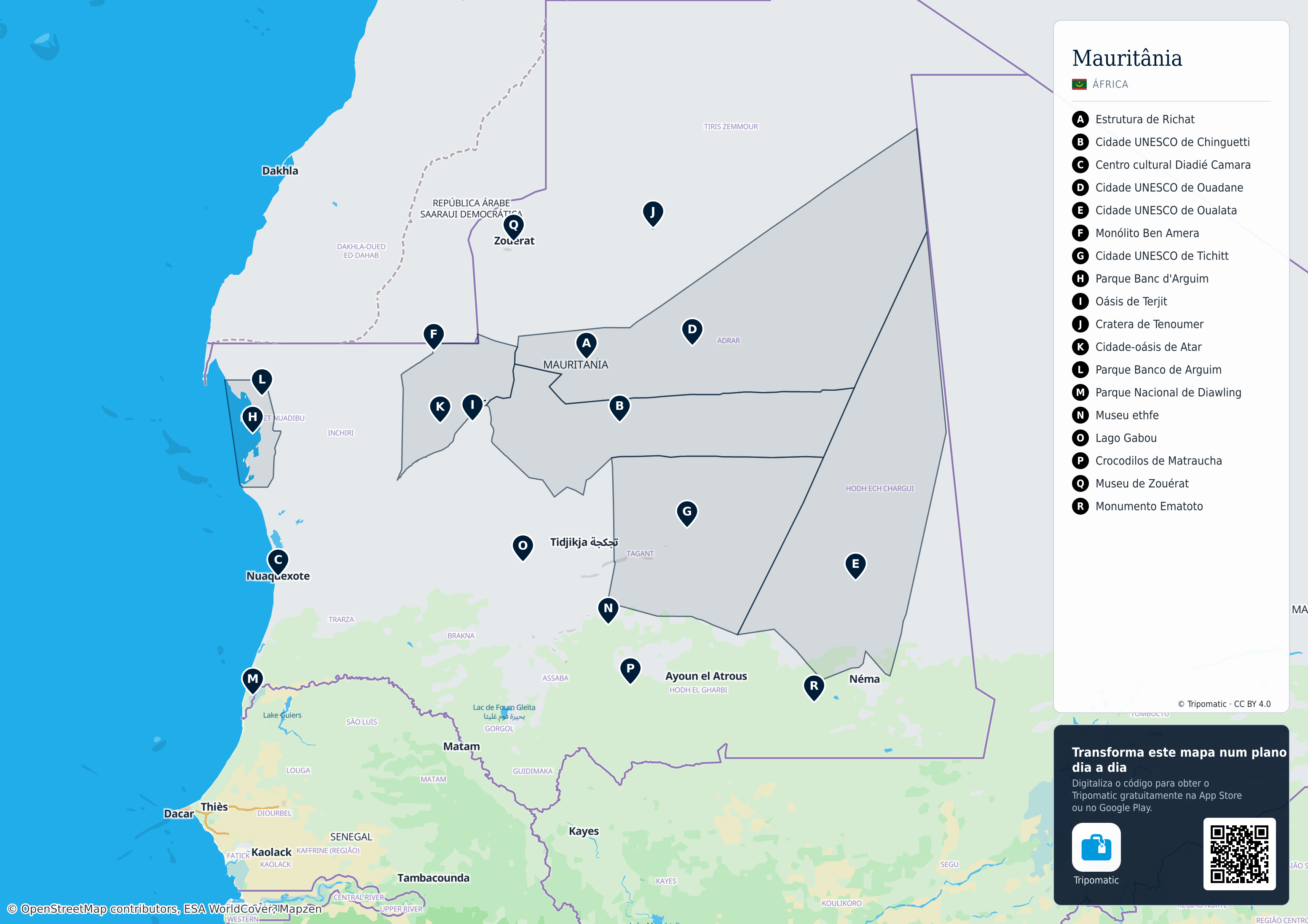Mauritânia – mapa turístico para imprimir com as principais atrações numeradas