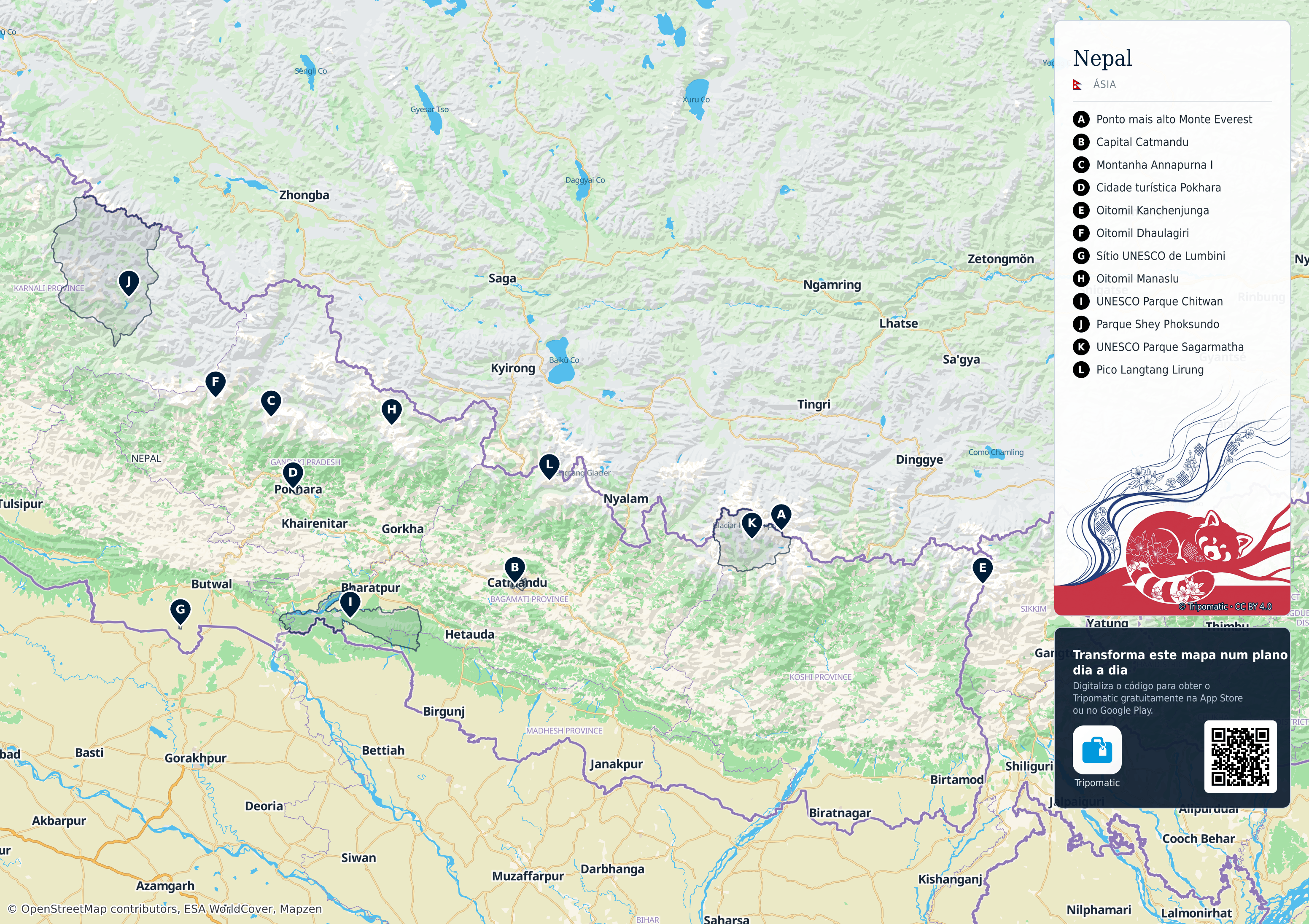 Nepal – mapa turístico para imprimir com as principais atrações numeradas