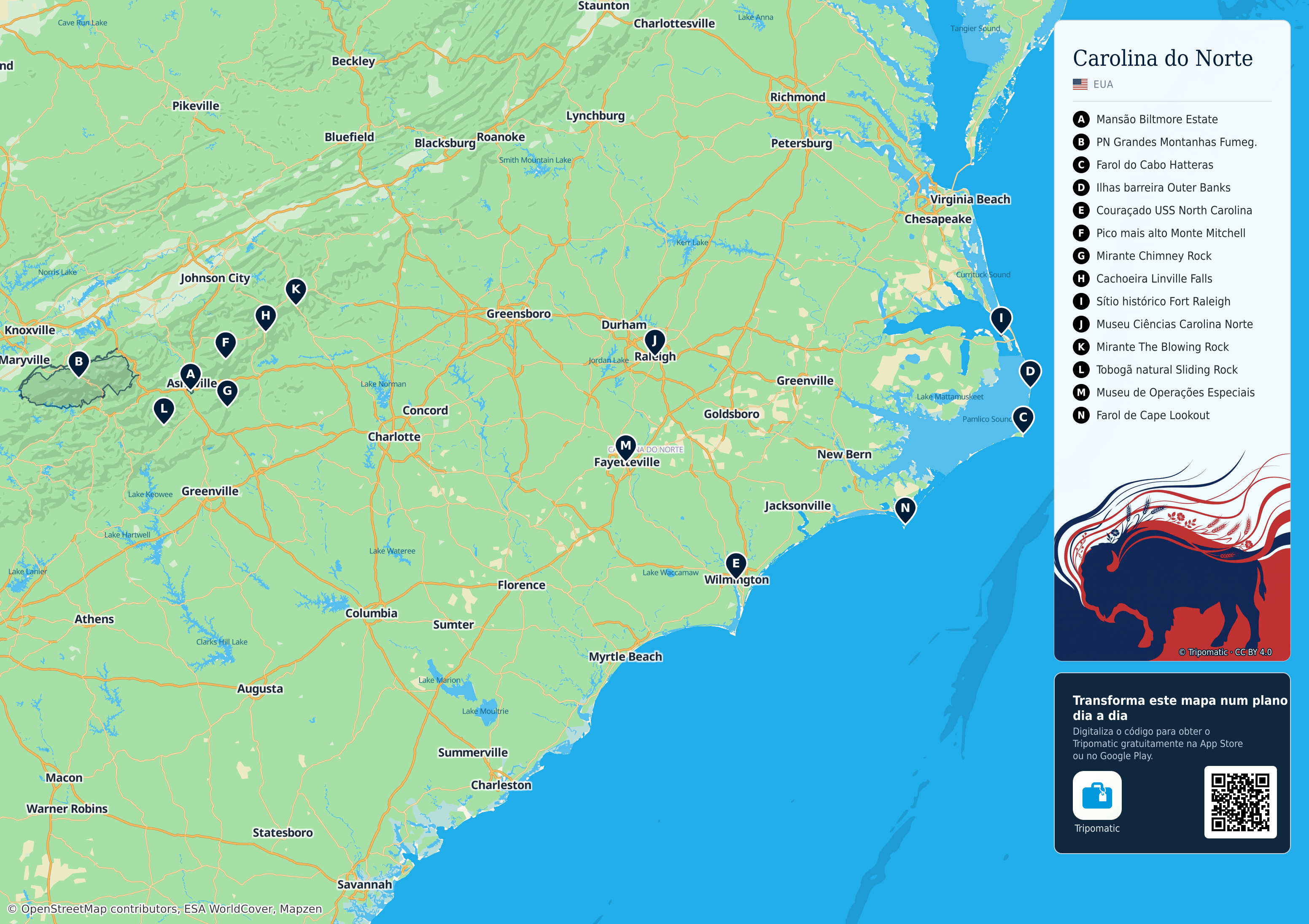 Carolina do Norte – mapa turístico para imprimir com as principais atrações numeradas