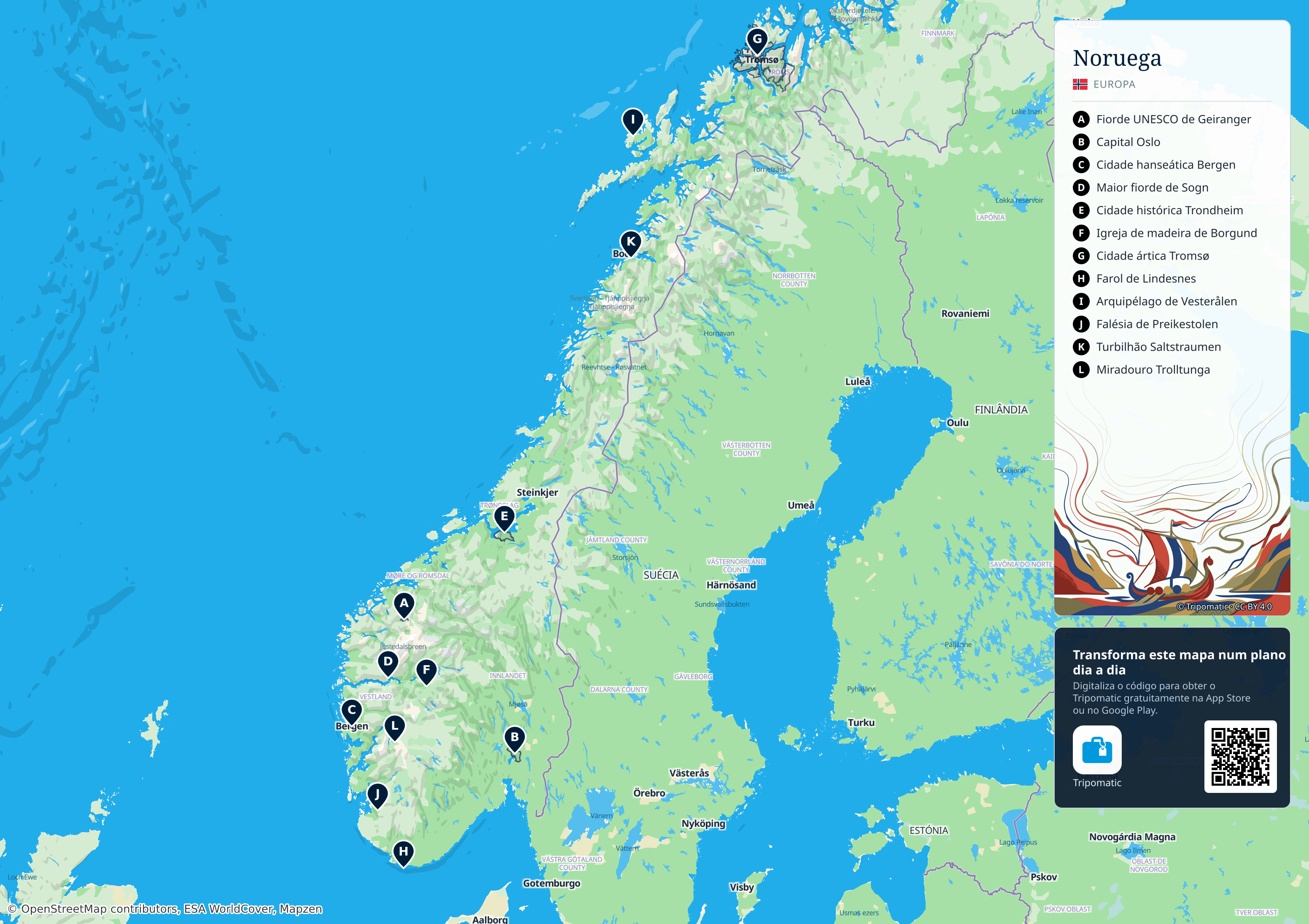 Noruega – mapa turístico para imprimir com as principais atrações numeradas